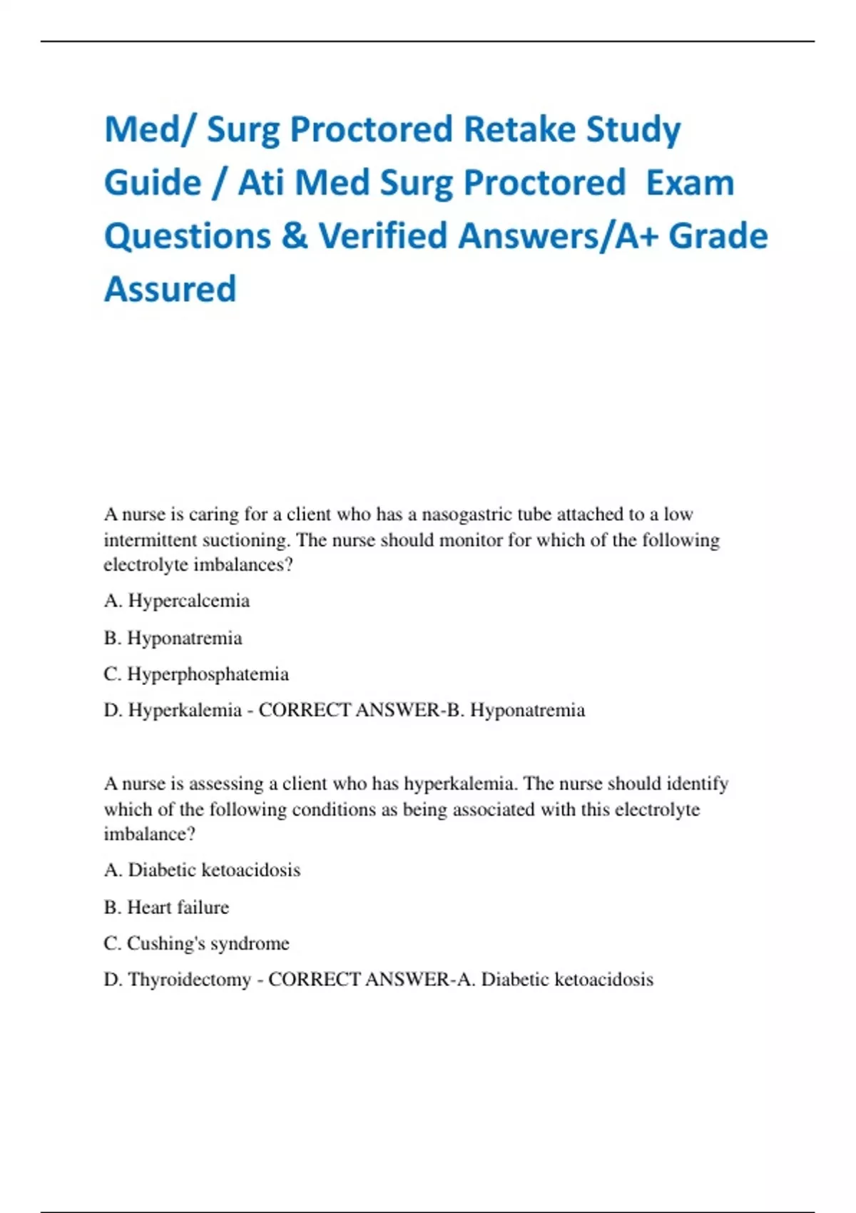 Med/ Surg Proctored Retake Study Guide / Ati Med Surg Proctored Exam ...