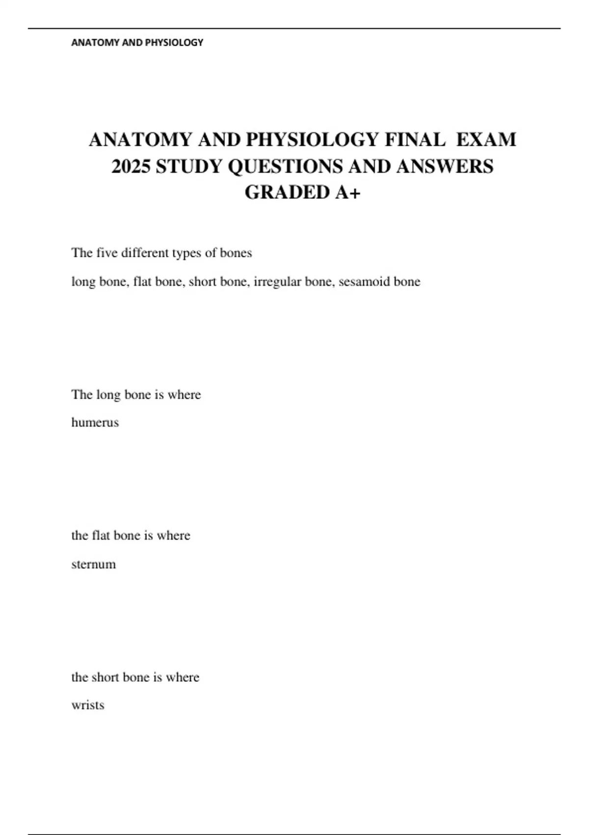 ANATOMY AND PHYSIOLOGY FINAL EXAM 2025 STUDY QUESTIONS AND ANSWERS ...