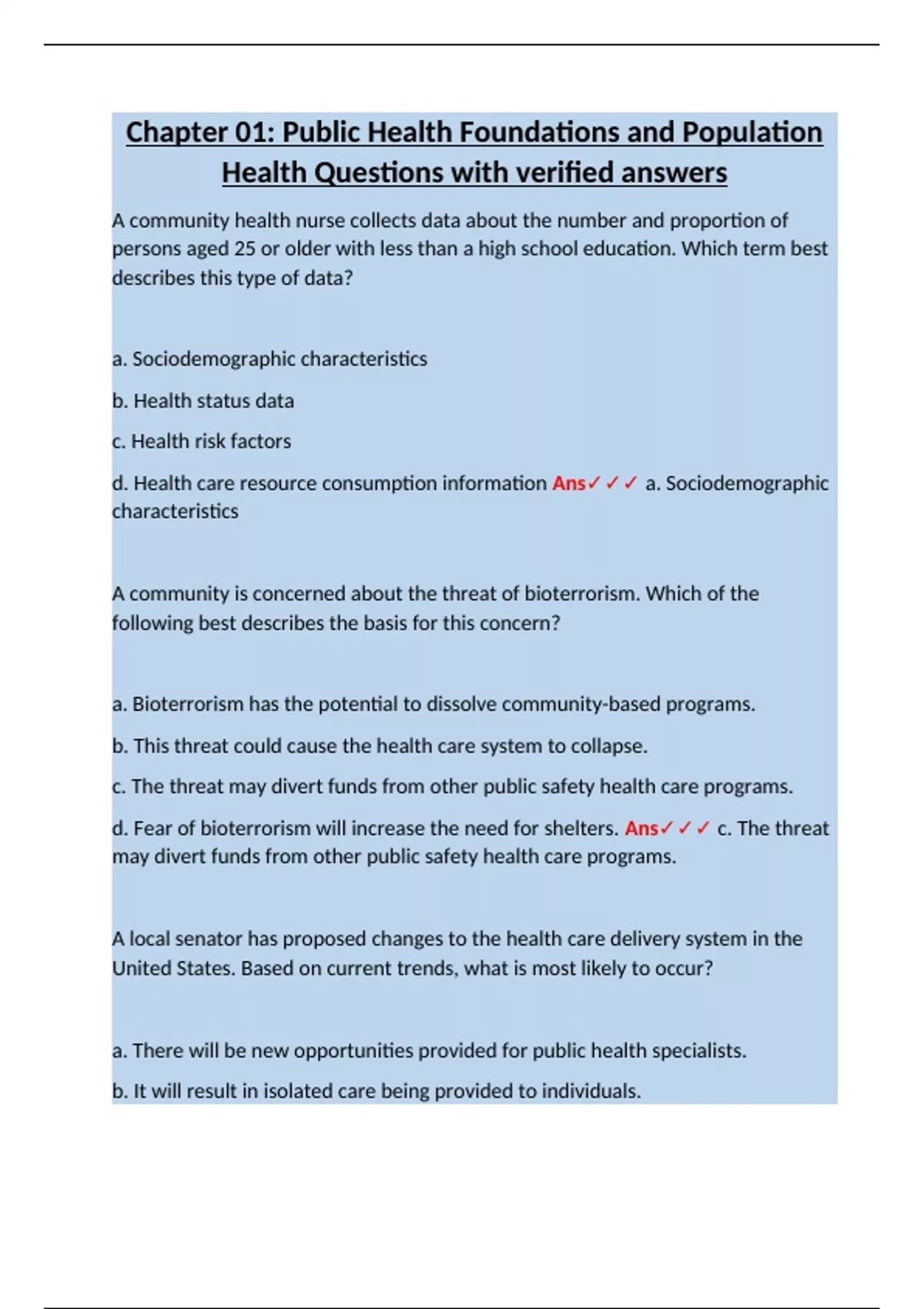 Chapter 01: Public Health Foundations and Population Health Questions ...