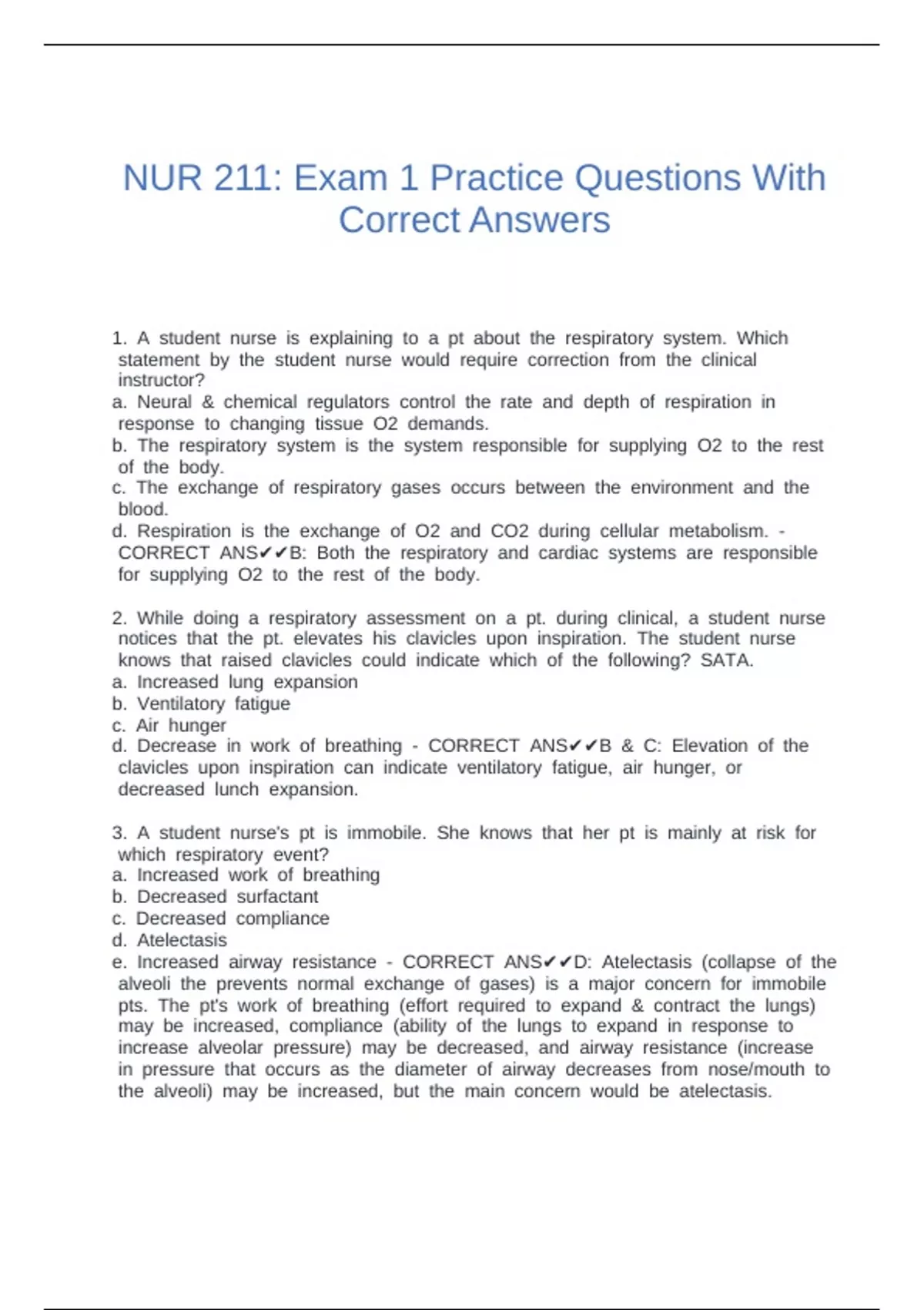 NUR 211: Exam 1 Practice Questions With Correct Answers - NUR 211 ...