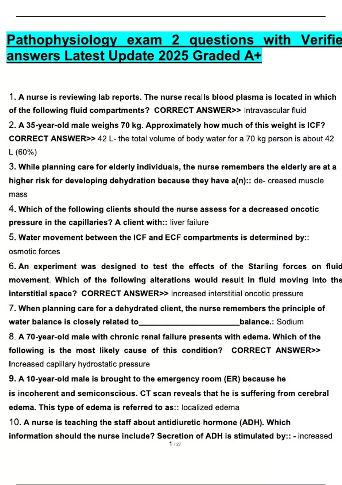 Pathophysiology exam 2 questions with Verified answers Latest Update ...