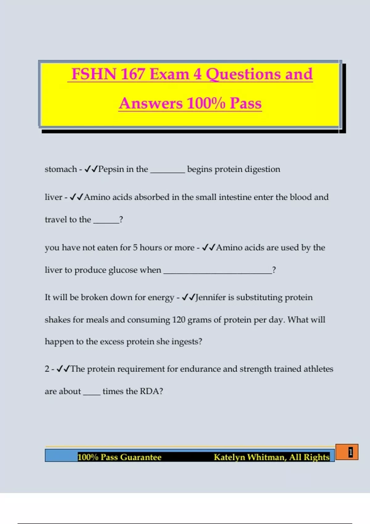 FSHN 167 Exam 4 Questions and Answers 100% Pass - FSHN - Stuvia US