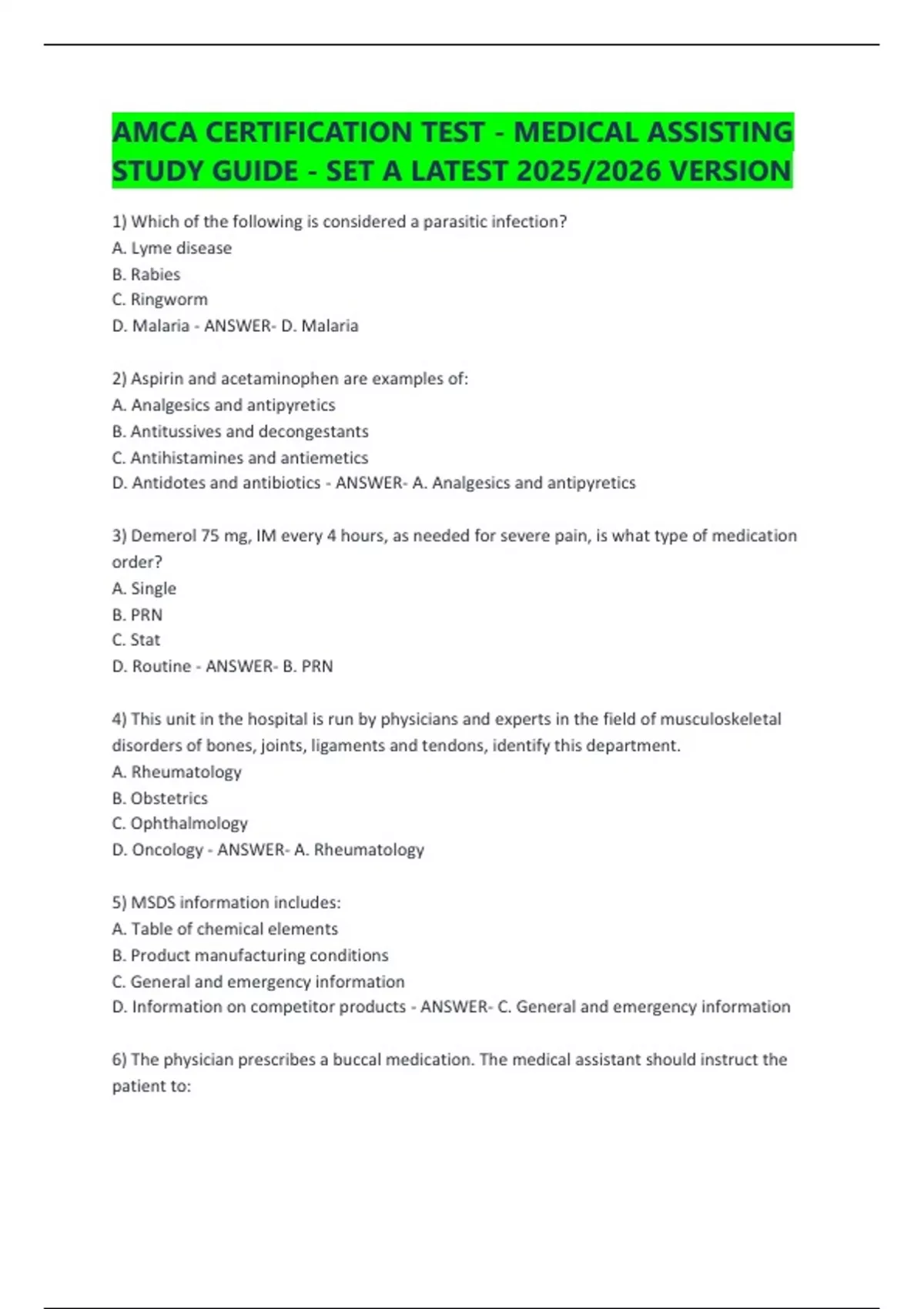 AMCA CERTIFICATION TEST - MEDICAL ASSISTING STUDY GUIDE - SET A LATEST ...