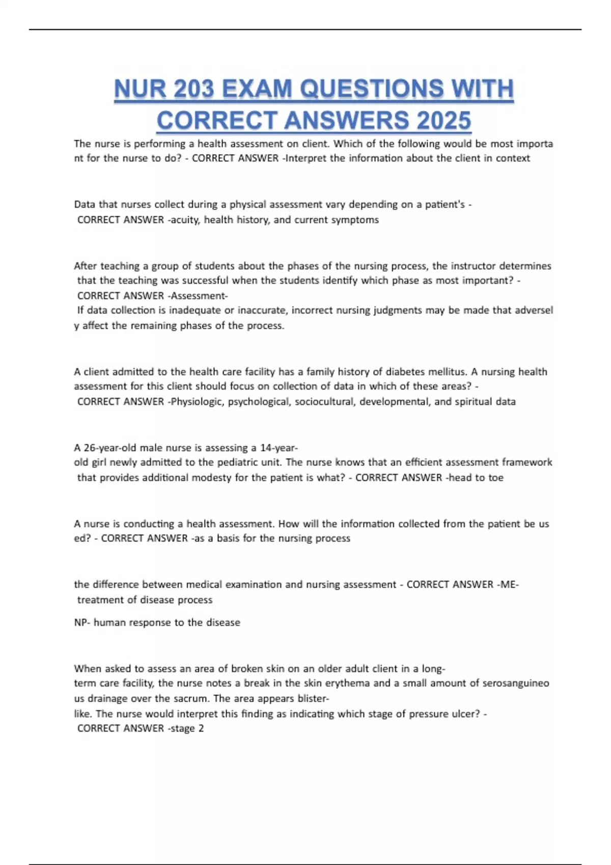 NUR 203 EXAM QUESTIONS WITH CORRECT ANSWERS 2025 - NUR 203 HEALTH ...