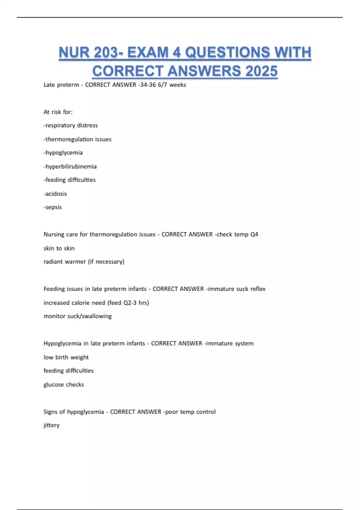 NUR 203- EXAM 4 QUESTIONS WITH CORRECT ANSWERS 2025 - NUR 203 HEALTH ...