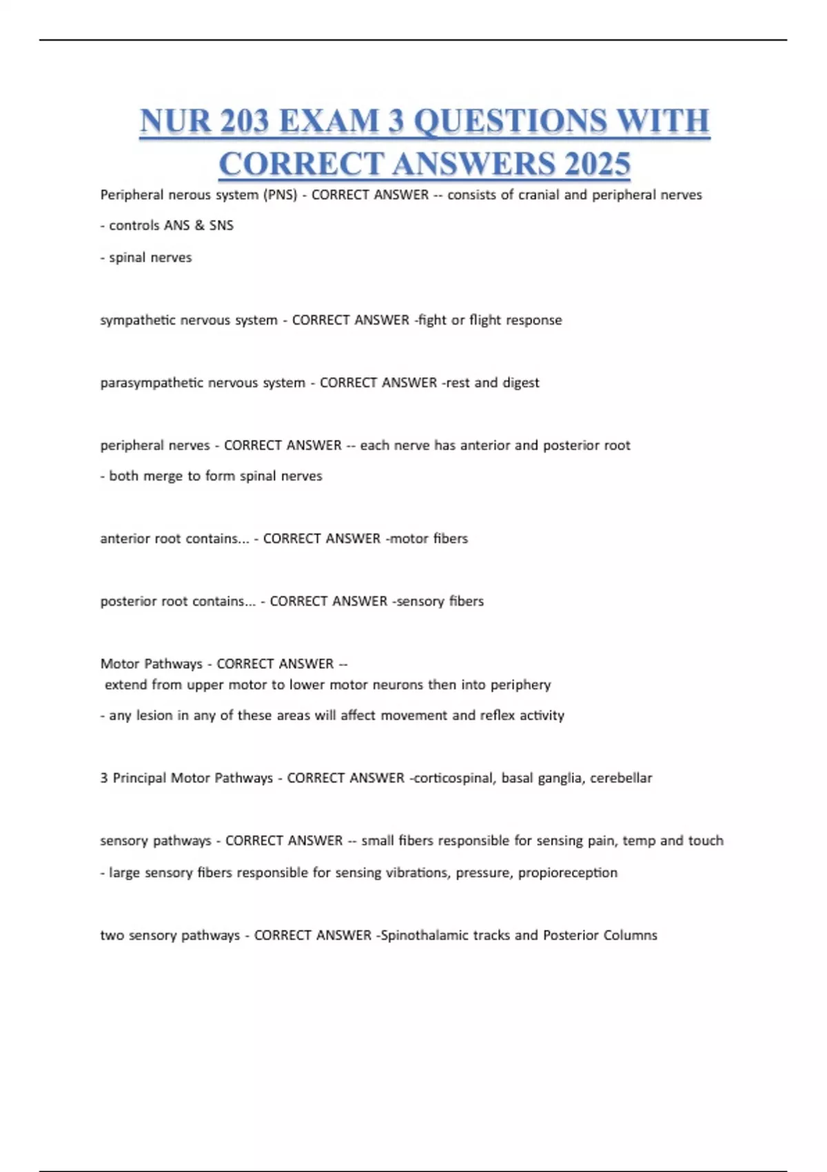 NUR 203 EXAM 3 QUESTIONS WITH CORRECT ANSWERS 2025 - NUR 203 HEALTH ...