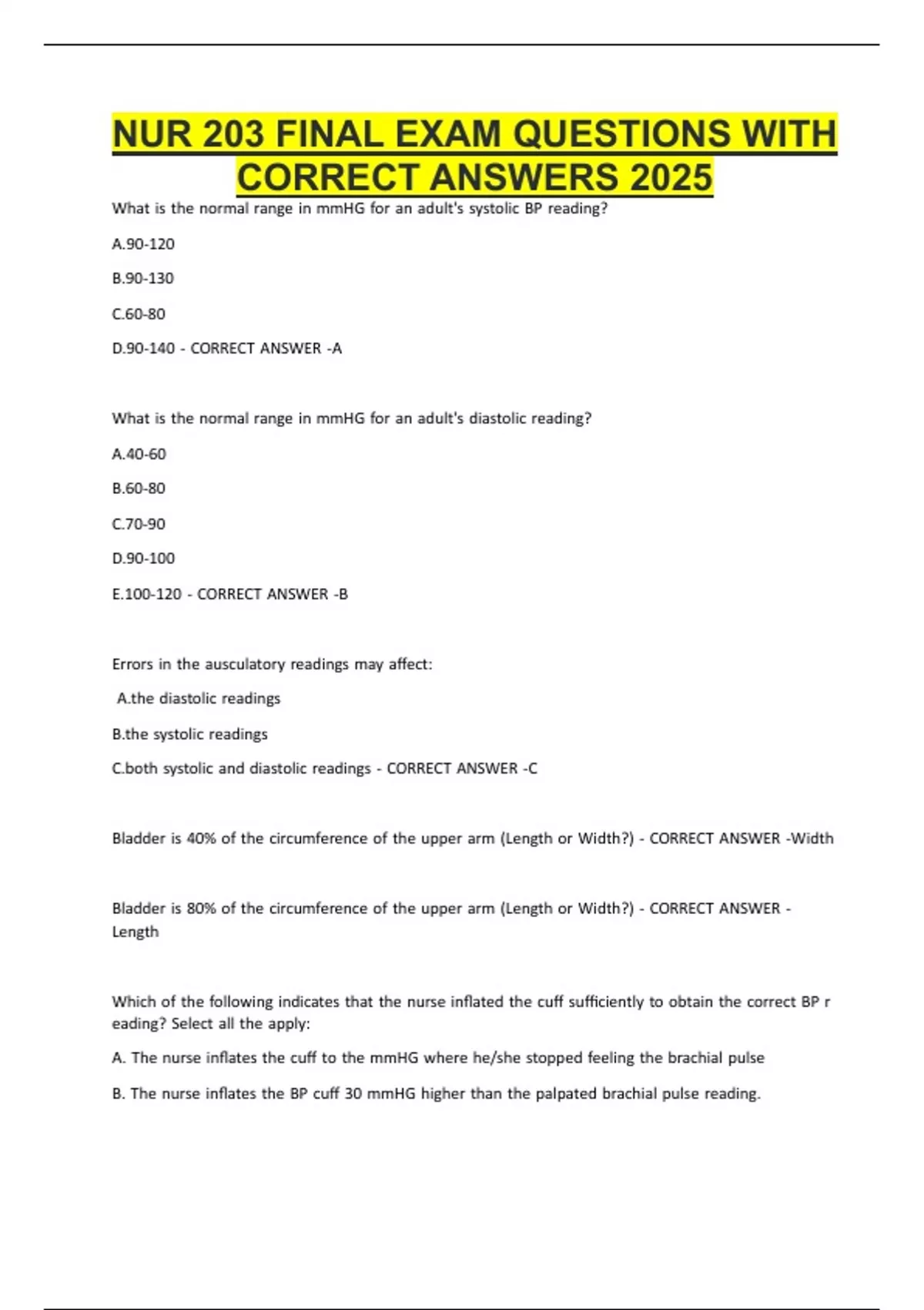 NUR 203 FINAL EXAM QUESTIONS WITH CORRECT ANSWERS 2025 - NUR 203 HEALTH ...