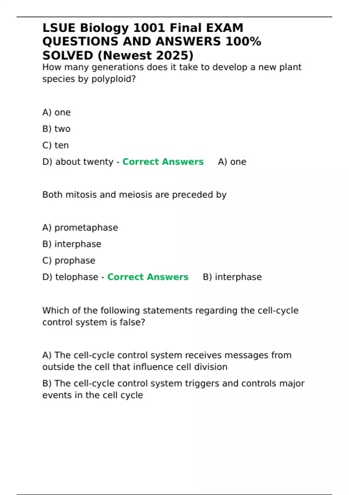 LSUE Biology 1001 Final EXAM QUESTIONS AND ANSWERS 100- SOLVED (Newest ...