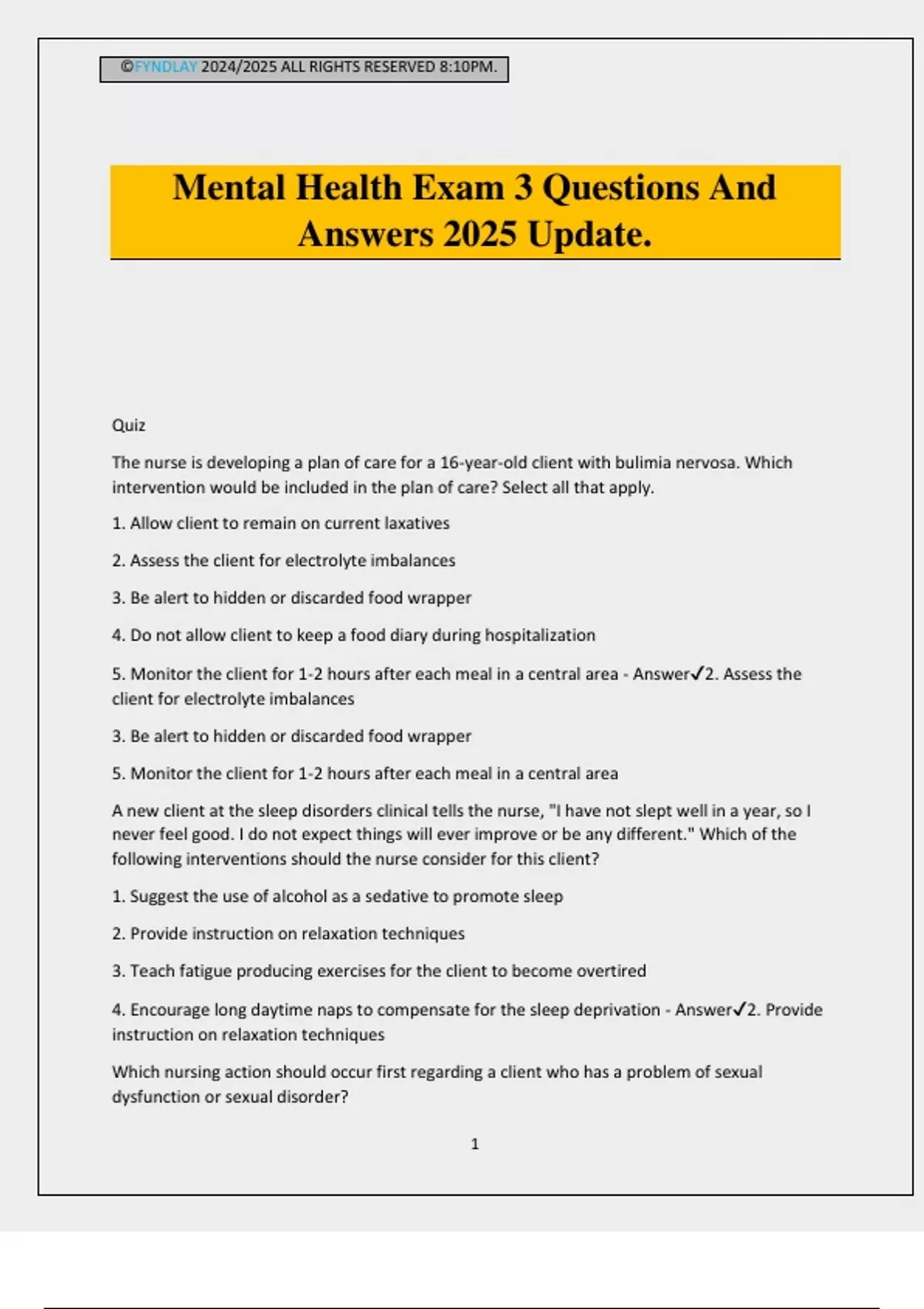 Mental Health Exam 3 Questions And Answers 2025 Update. - Mental health ...