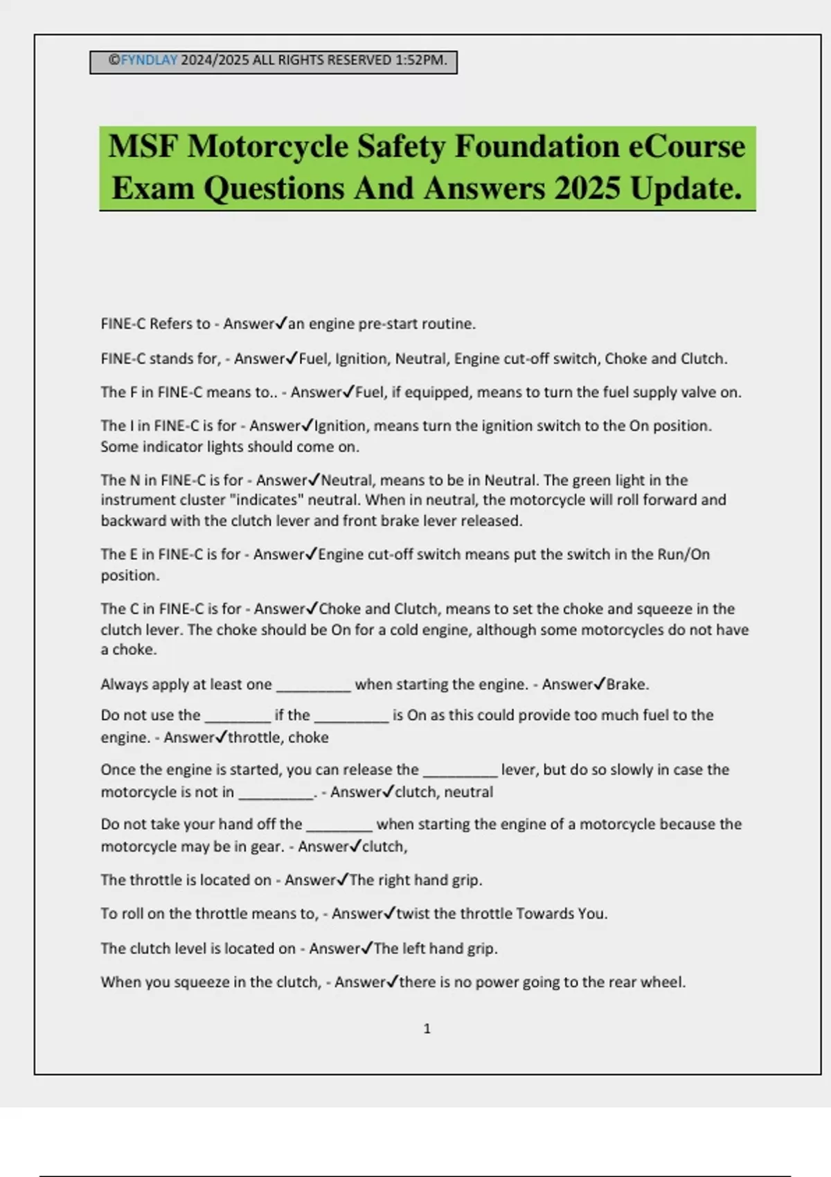 Msf Course Test MSF Motorcycle Safety Foundation eCourse Exam Questions And Answers ...