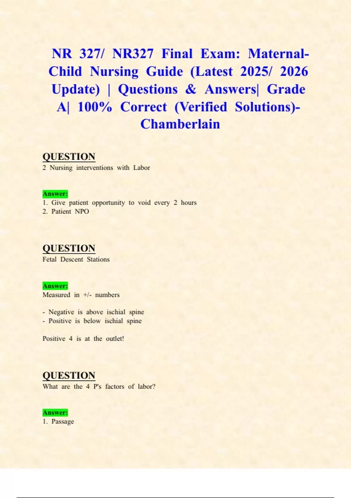 NR 327/ NR327 Final Exam : Maternal-Child Nursing Guide (Latest 2025/ ...