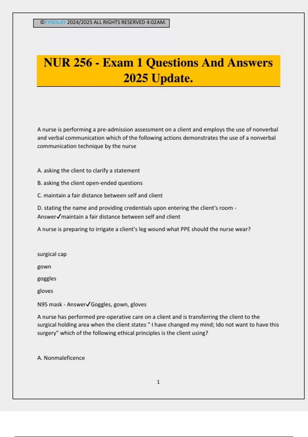 NUR 256 - Exam 1 Questions And Answers 2025 Update - NUR 256 - Stuvia US