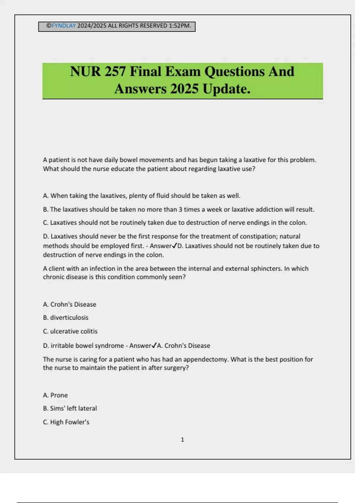 NUR 257 Final Exam Questions And Answers 2025 Update. - NUR 257 - Stuvia US
