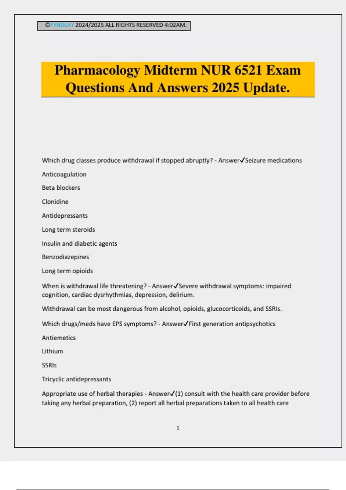 Pharmacology Midterm NUR 6521 Exam Questions And Answers 2025 Update ...