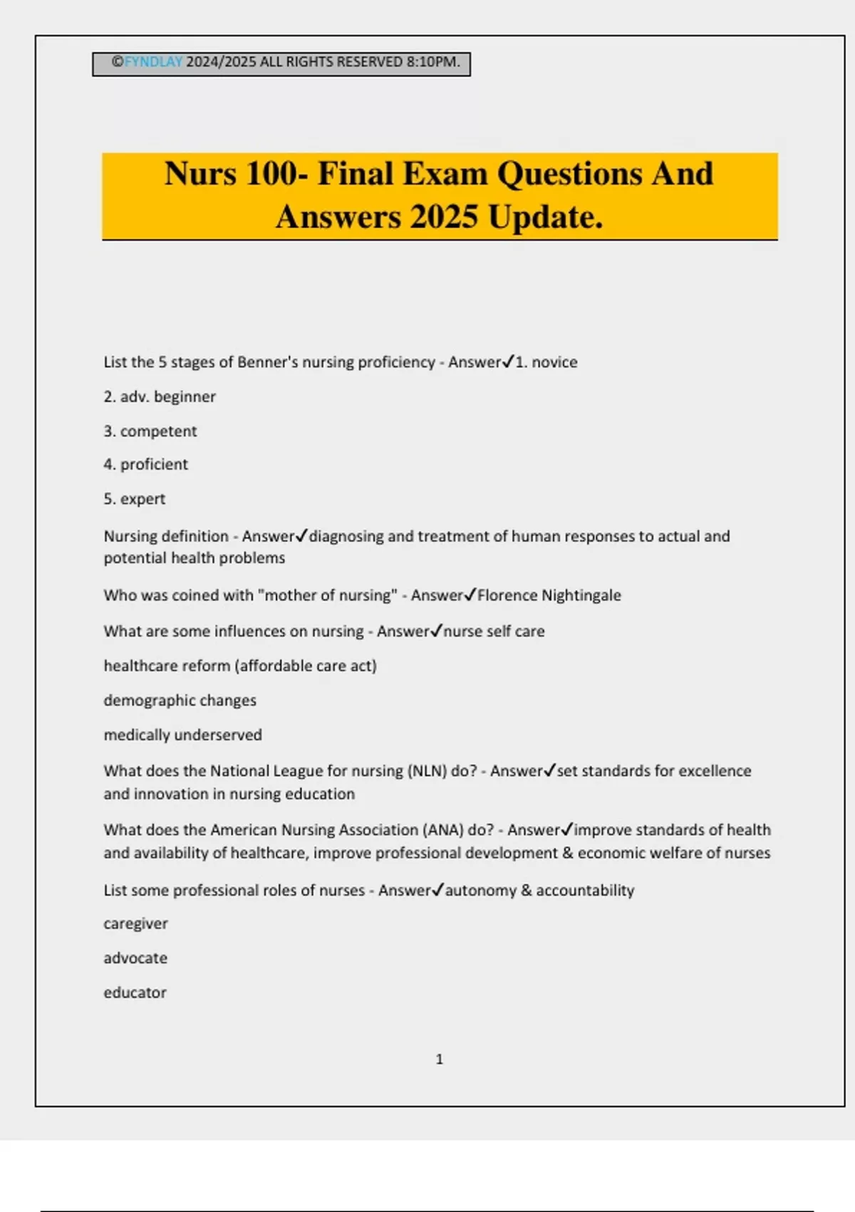 Nurs 100- Final Exam Questions And Answers 2025 Update. - Nurs 100 ...