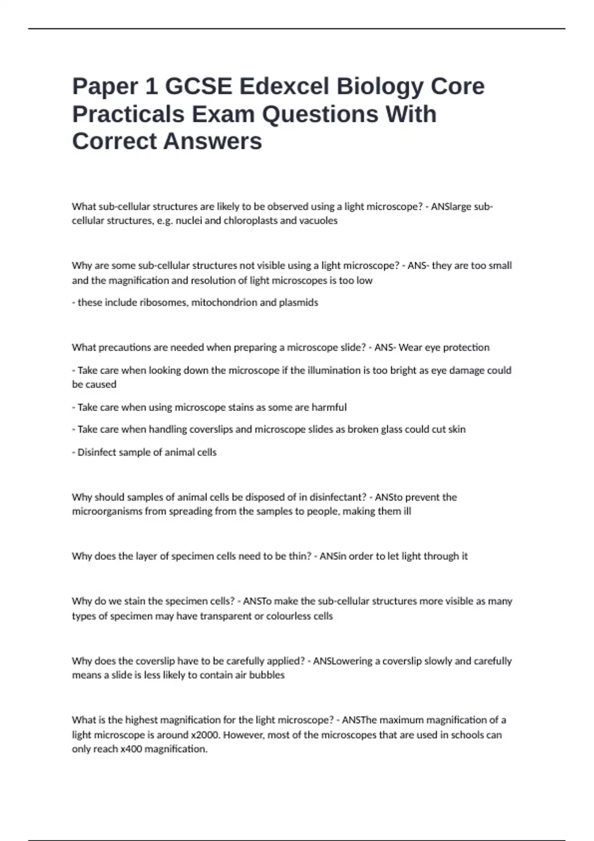Paper 1 GCSE Edexcel Biology Core Practicals Exam Questions With ...