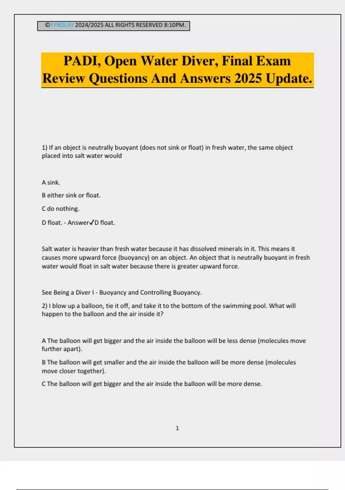 PADI, Open Water Diver, Final Exam Review Questions And Answers 2025 Update - Padi divemaster ...