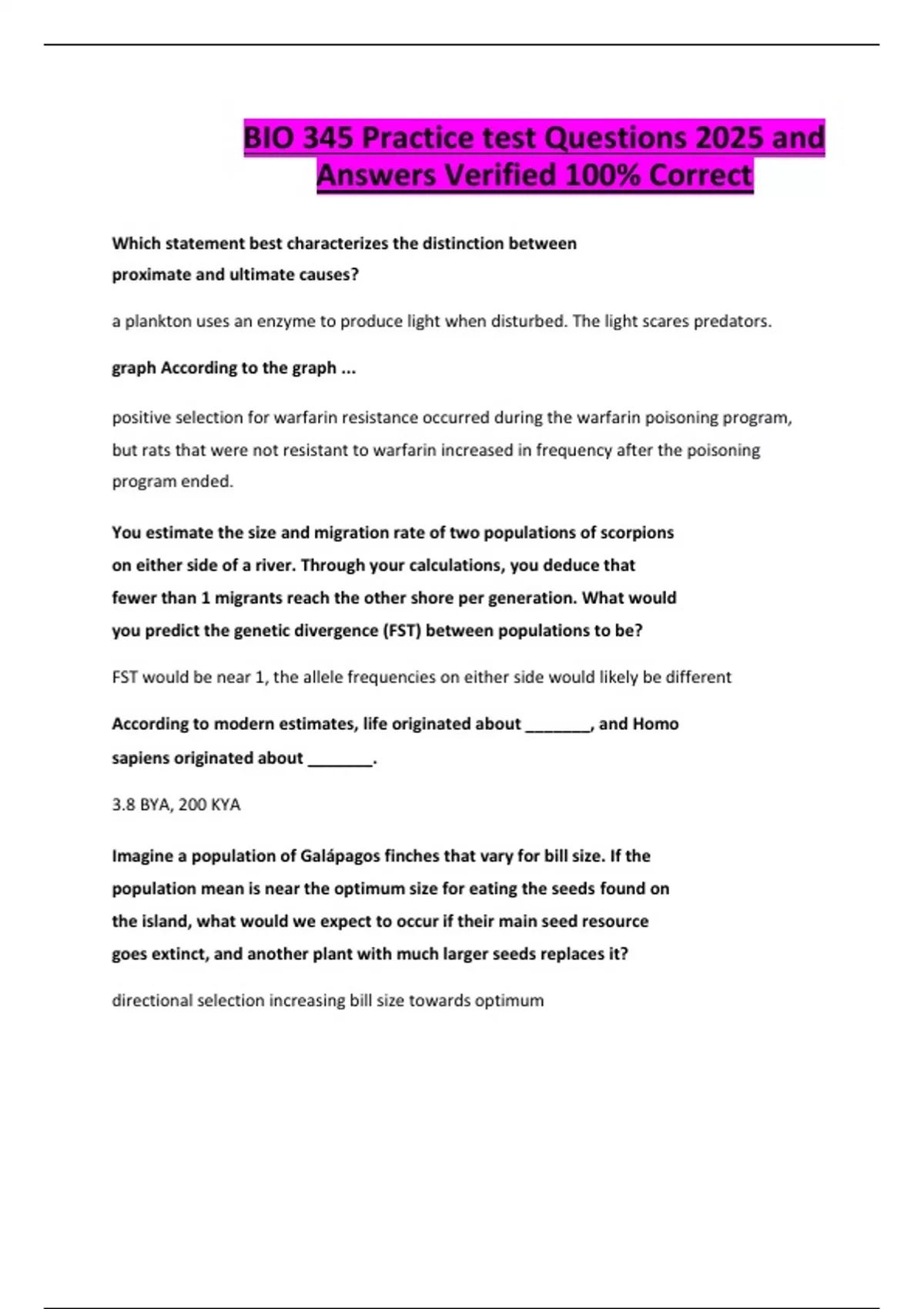 BIO 345 Practice test Questions 2025 and Answers Verified 100% Correct ...