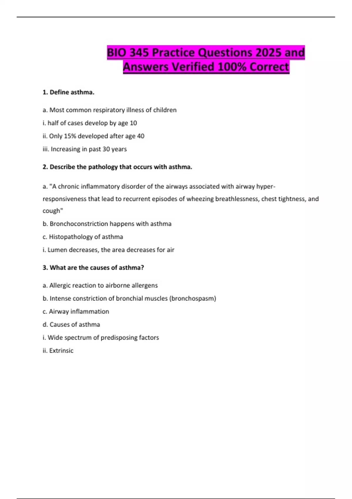 BIO 345 Practice Questions 2025 and Answers Verified 100% Correct - BIO ...