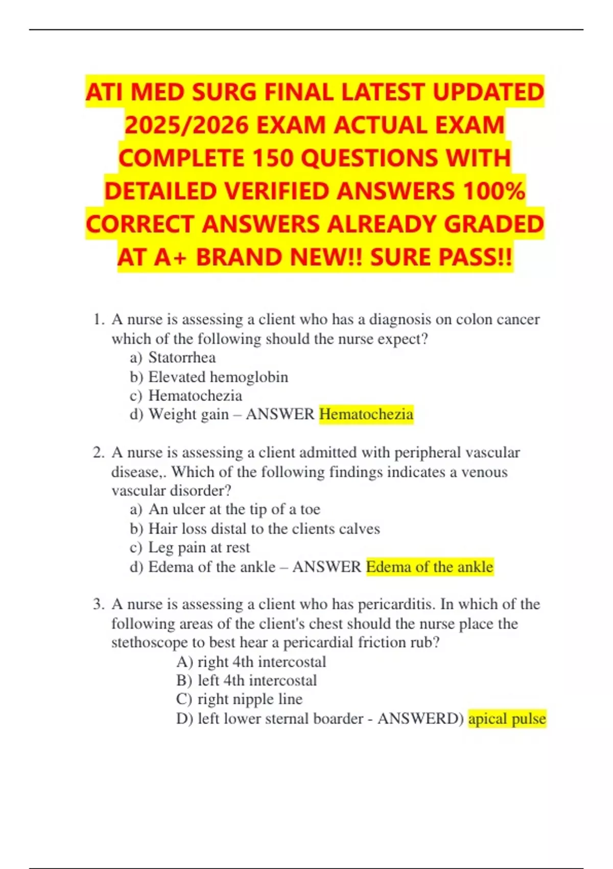 ATI MED SURG FINAL LATEST UPDATED 2025/2026 EXAM ACTUAL EXAM COMPLETE ...