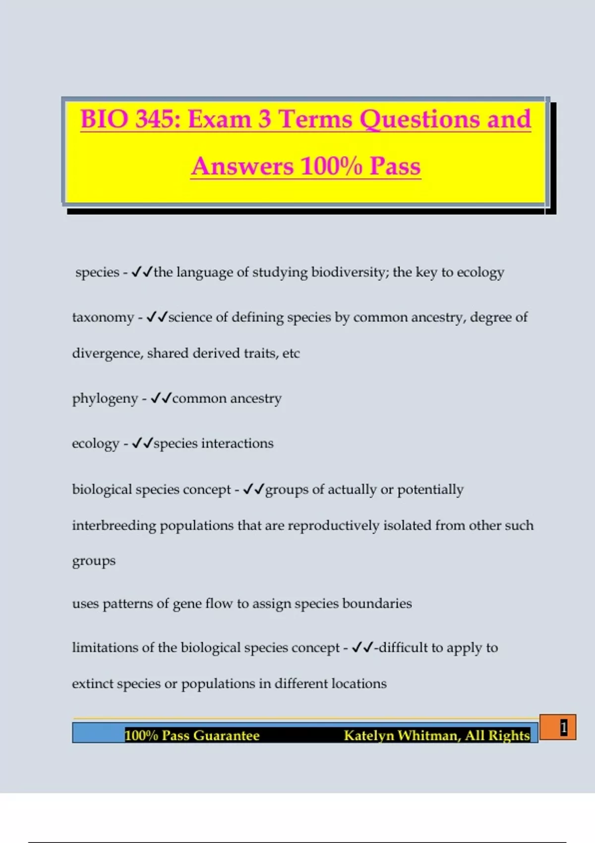 BIO 345: Exam 3 Terms Questions and Answers 100% Pass - BIO 345 - Stuvia UK
