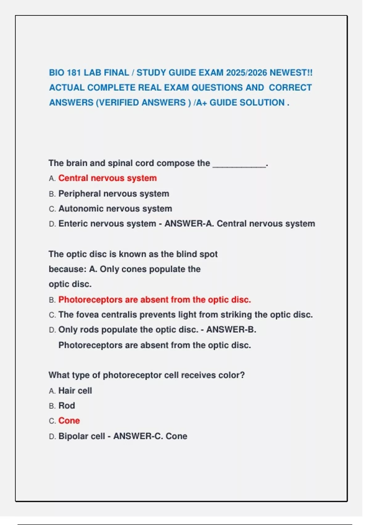 BIO 181 LAB FINAL / STUDY GUIDE EXAM 2025/2026 NEWEST!! ACTUAL COMPLETE ...