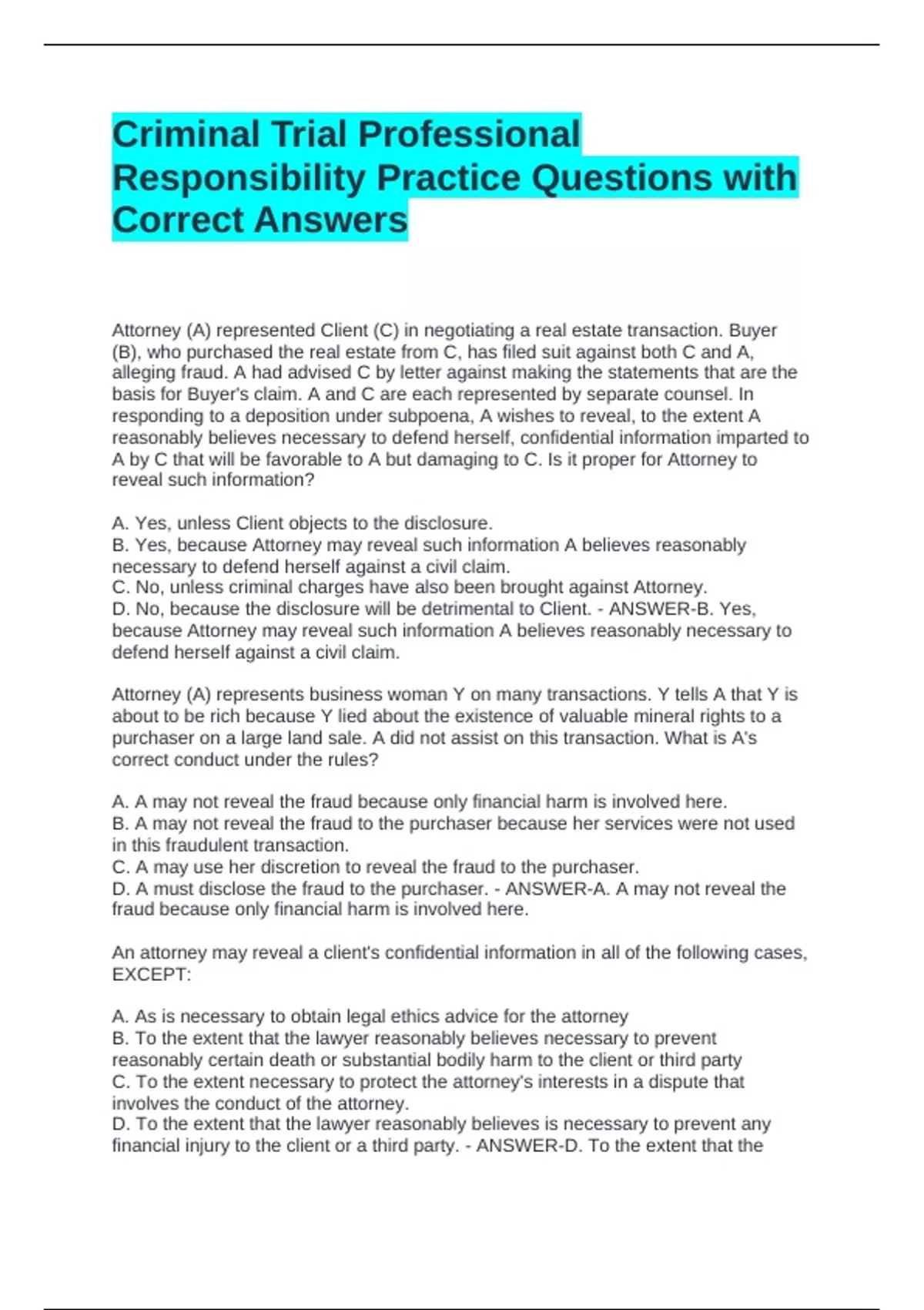 Trial Question Criminal Trial Professional Responsibility Practice Questions with ...