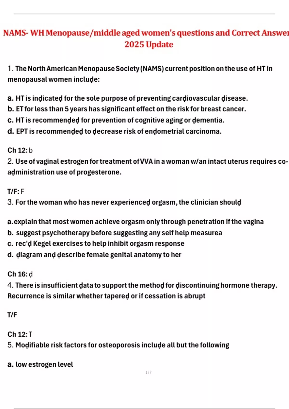 NAMS- WH Menopause/middle aged women's questions and Correct Answers ...
