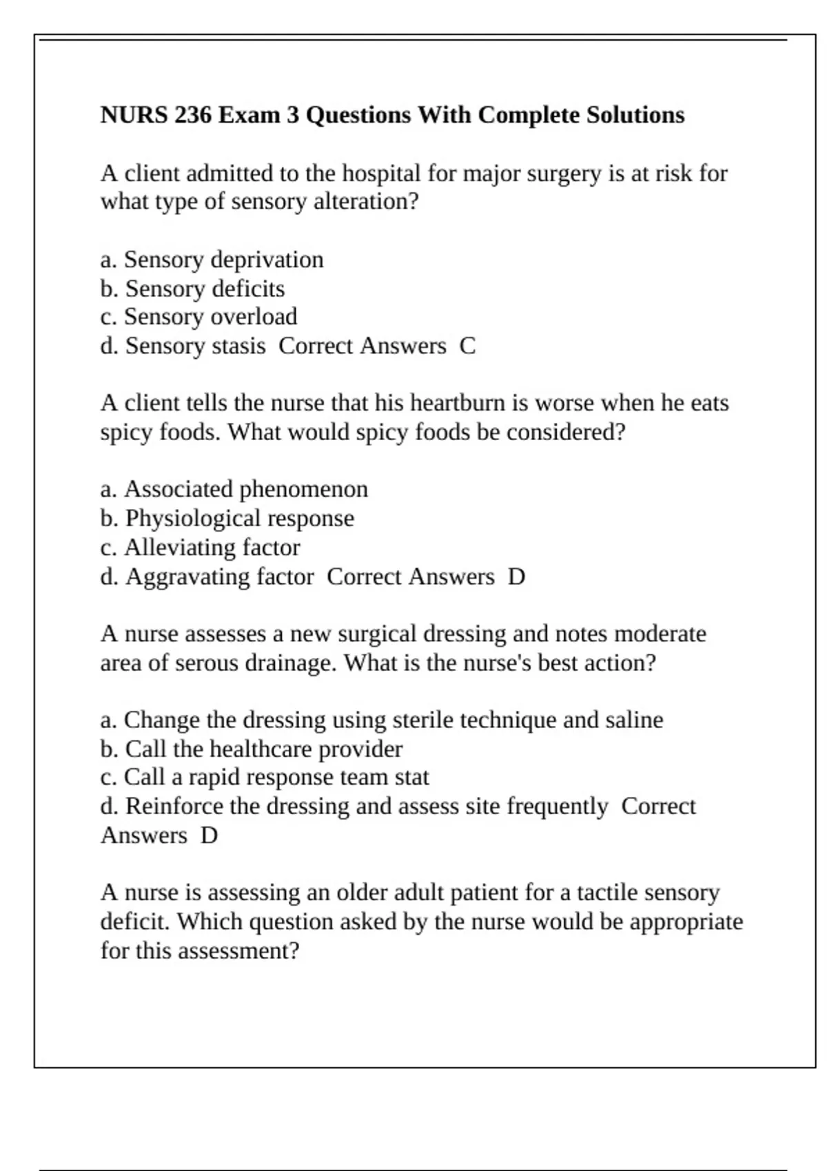 NURS 236 Exam 3 Questions With Complete Solutions - NURS 236 - Stuvia US