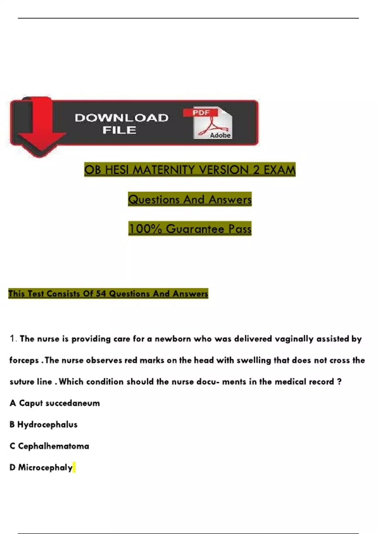 OB HESI MATERNITY VERSION 2 EXAM Questions And Answers 100% Guarantee ...