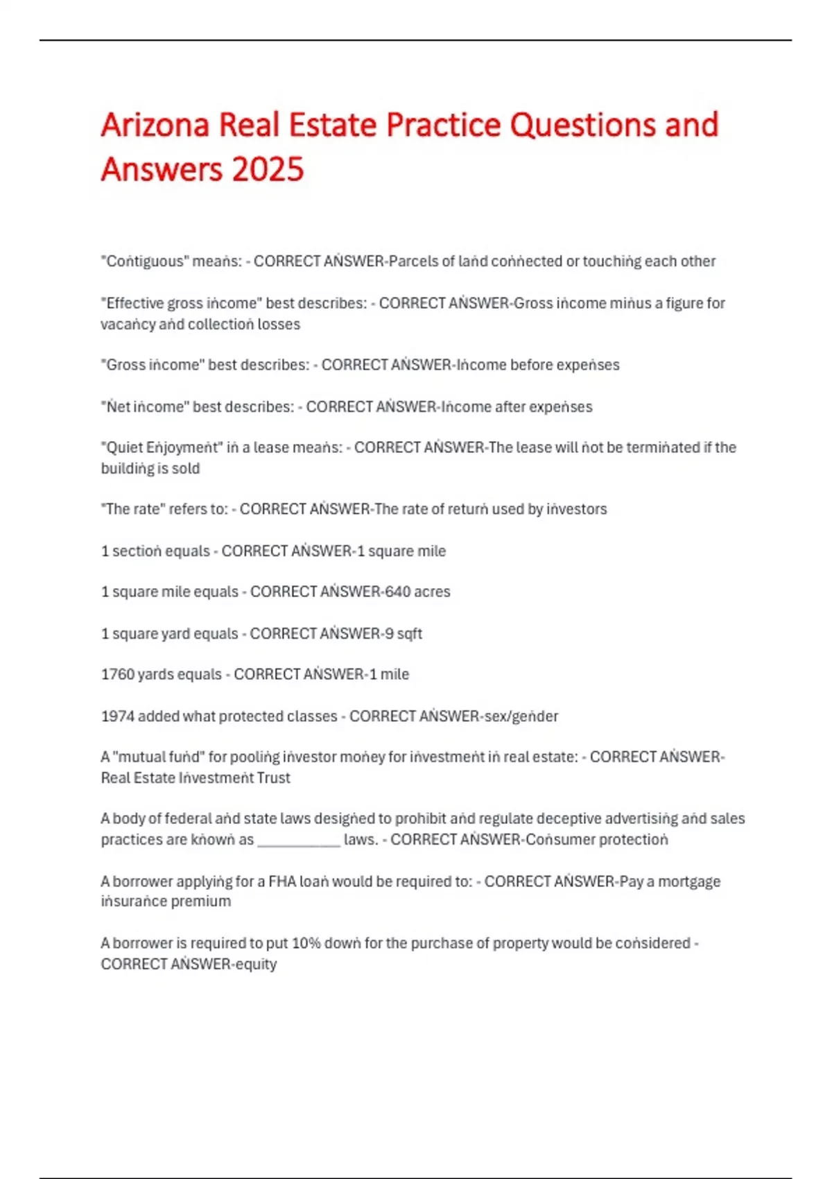 Arizona Real Estate Practice Questions and Answers 2025 - Arizona Real ...