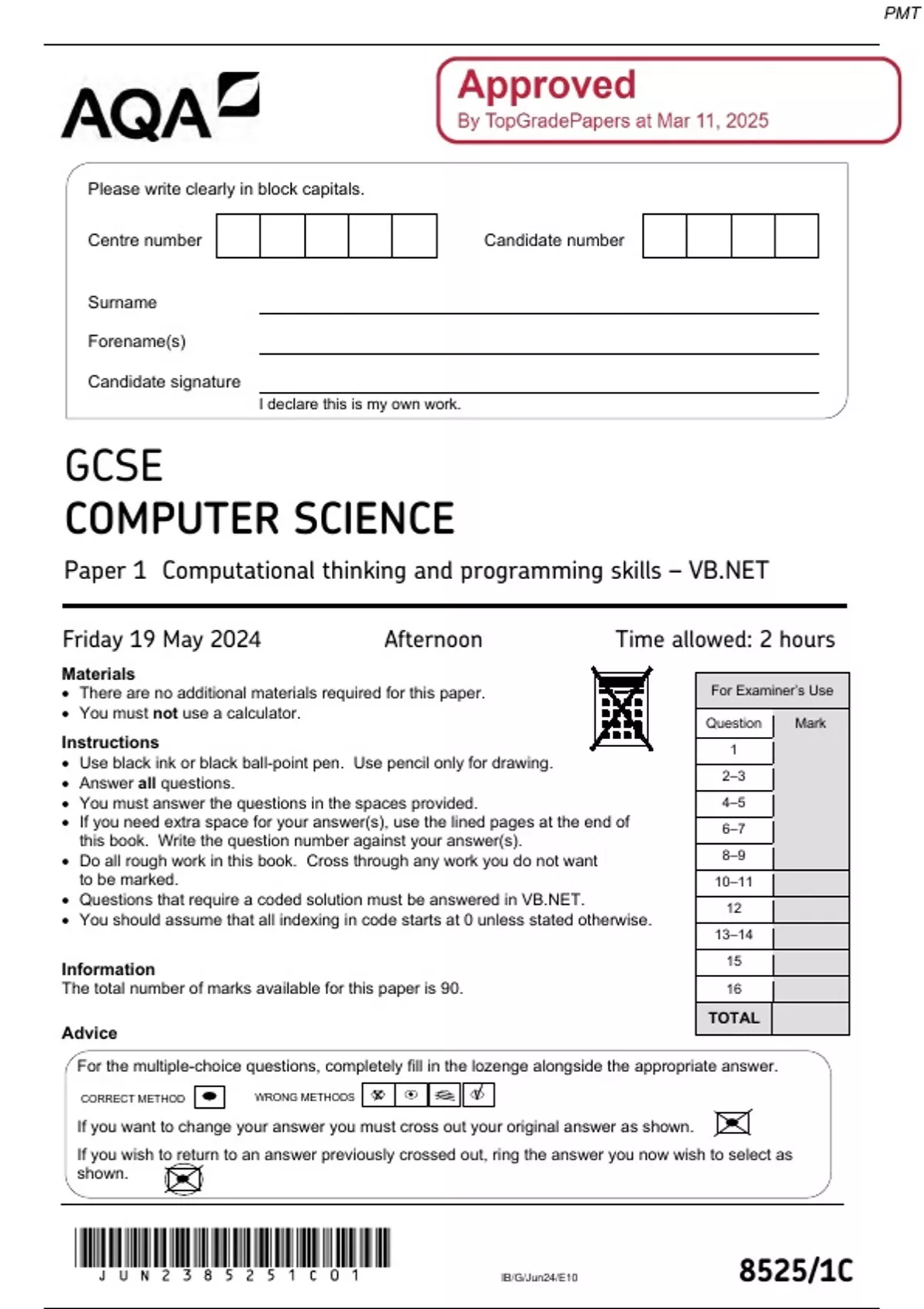 GCSE COMPUTER SCIENCE 2024 Paper 1 Computational thinking and ...