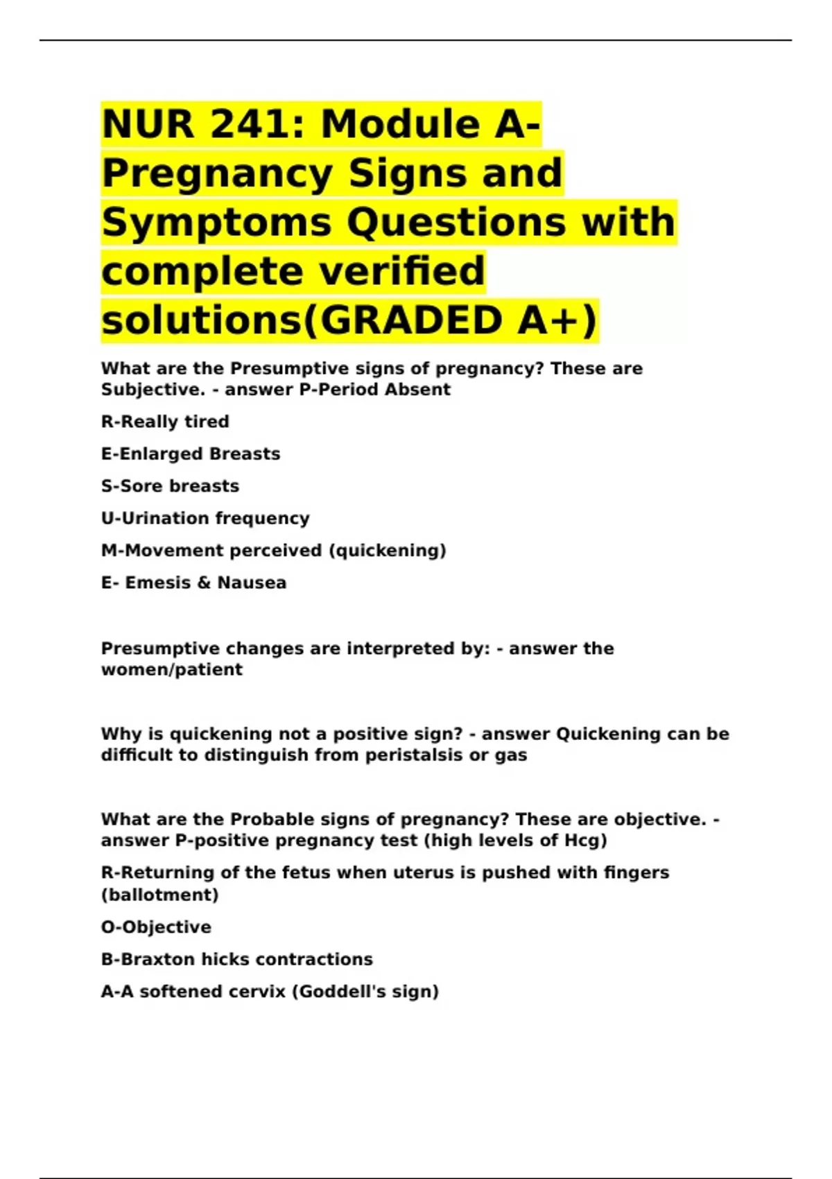 NUR 241 Module A- Pregnancy Signs and Symptoms Questions with complete ...