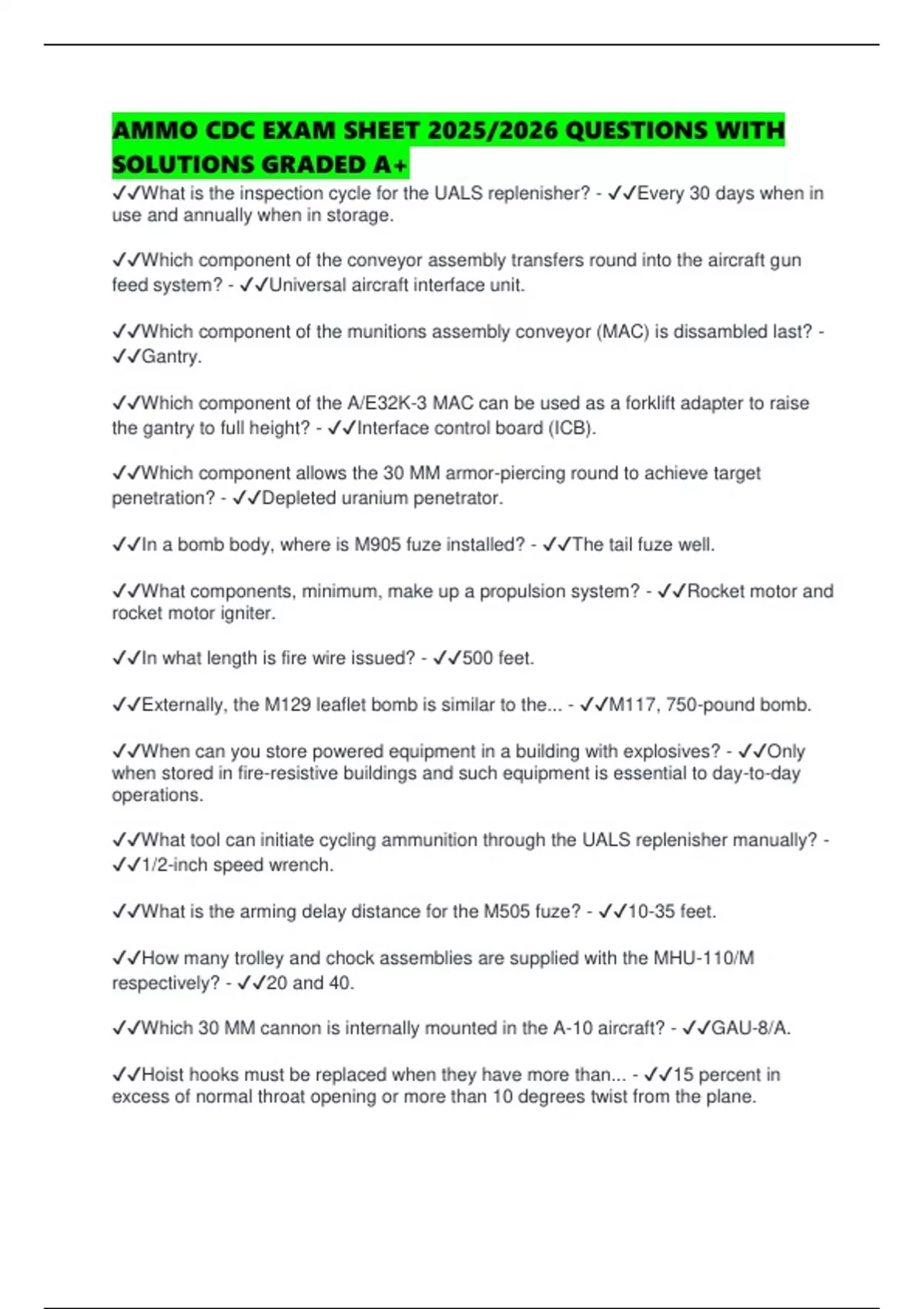 AMMO CDC EXAM SHEET 2025/2026 QUESTIONS WITH SOLUTIONS GRADED A+ - Ammo ...