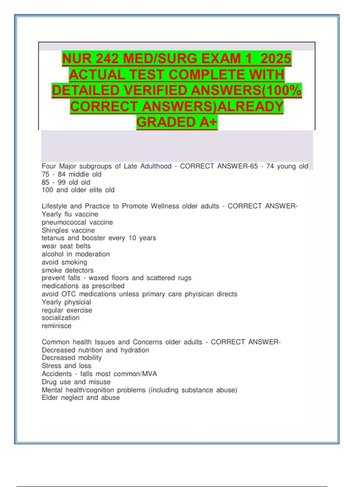 NUR 242 MED/SURG EXAM 1 2025 ACTUAL TEST COMPLETE WITH DETAILED ...