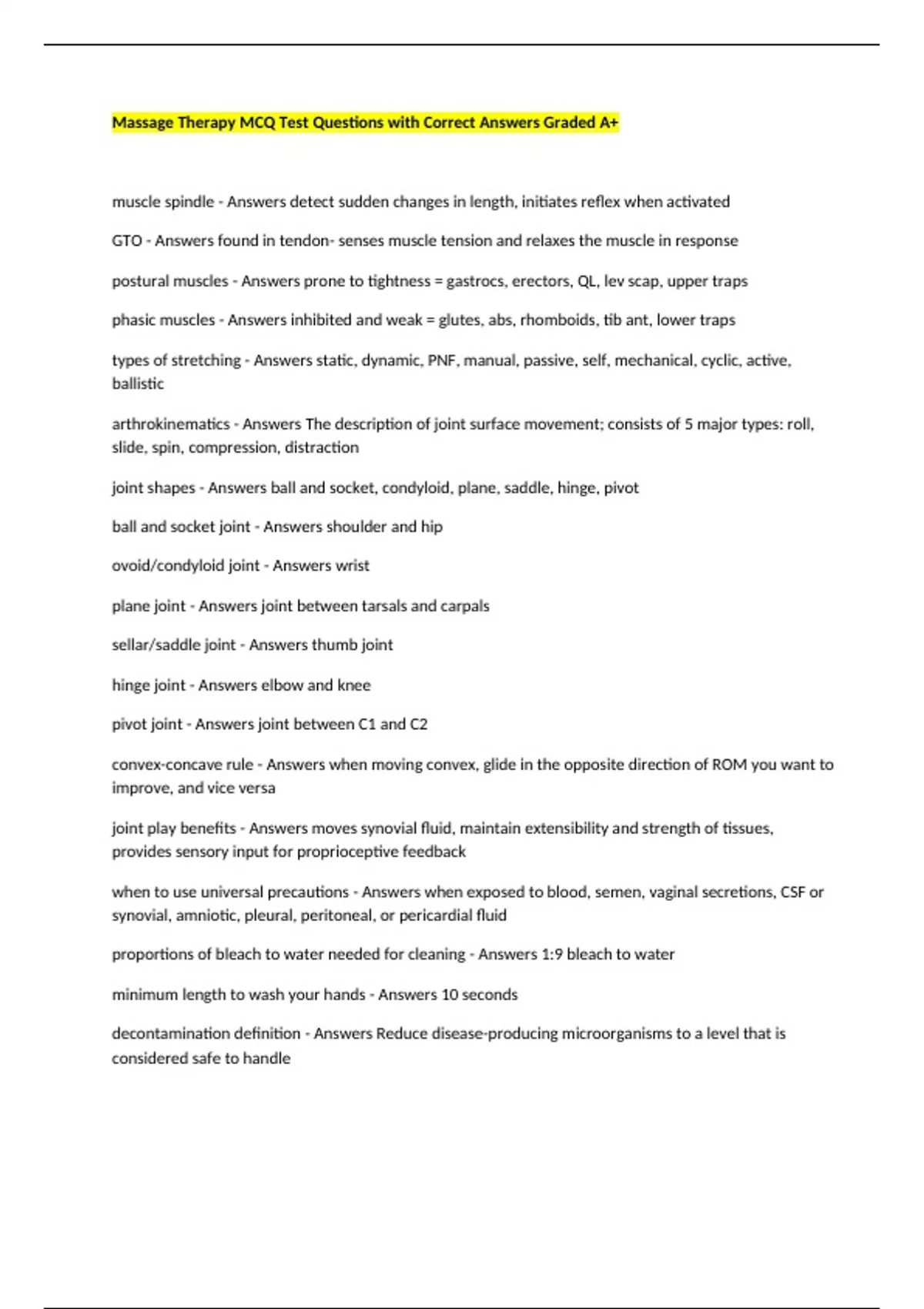Massage Therapy MCQ Test Questions with Correct Answers Graded A+ ...