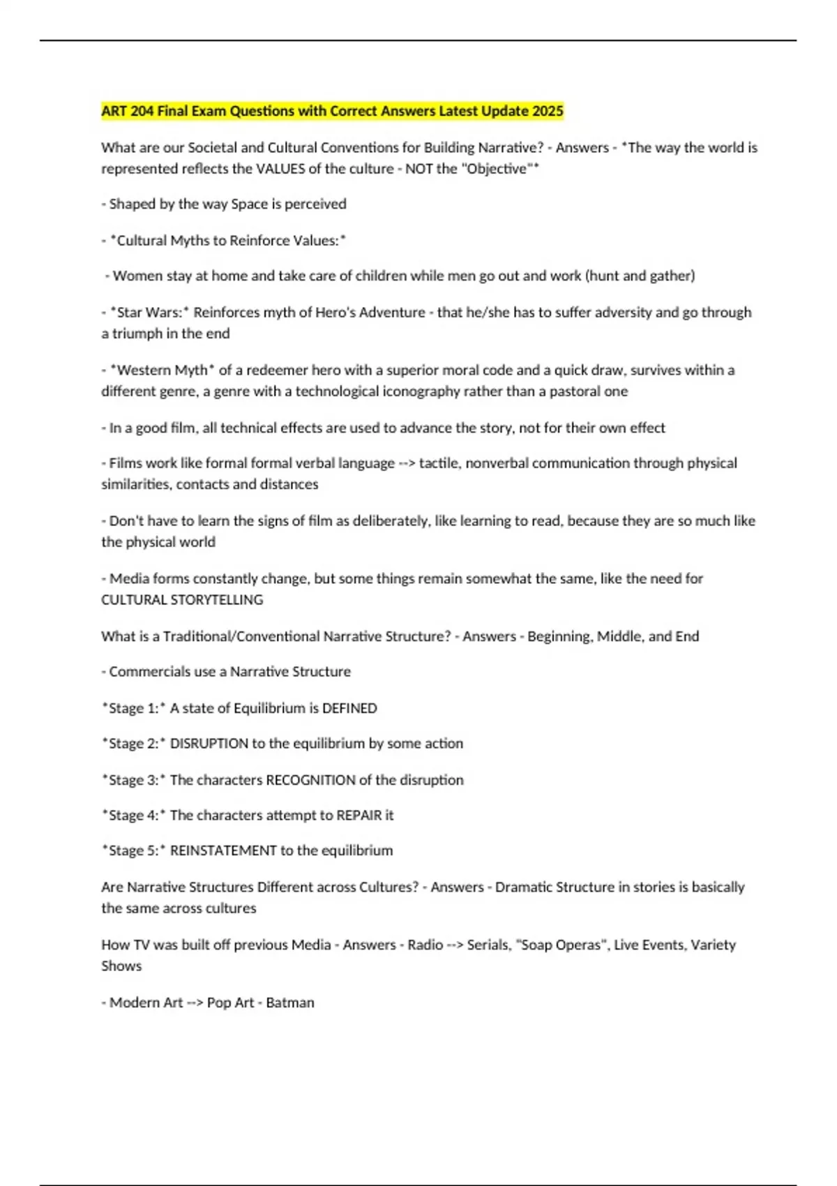 ART 204 Final Exam Questions with Correct Answers Latest Update 2025 ...