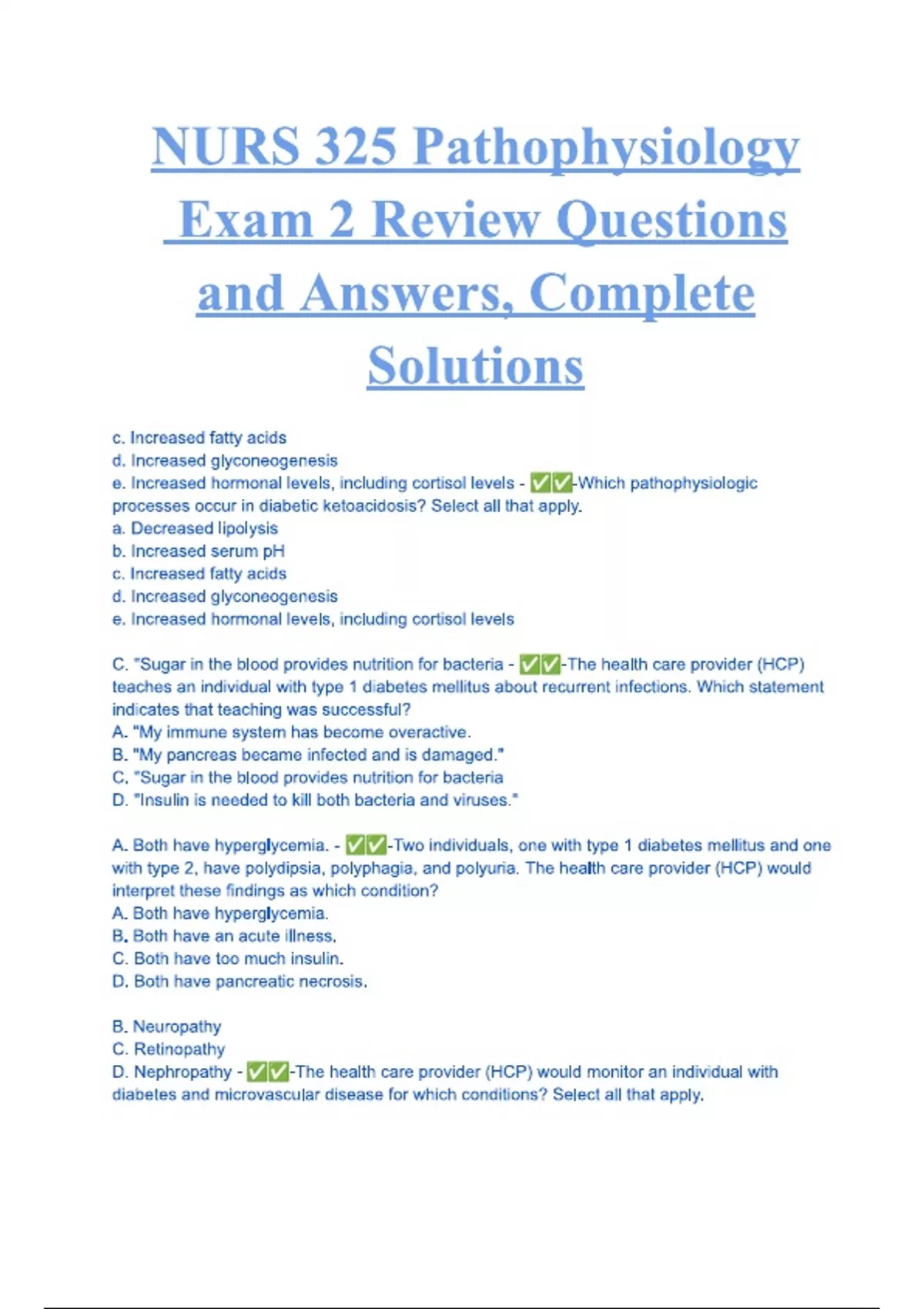 NURS 325 Pathophysiology Exam 2 Review Questions and Answers, Complete ...