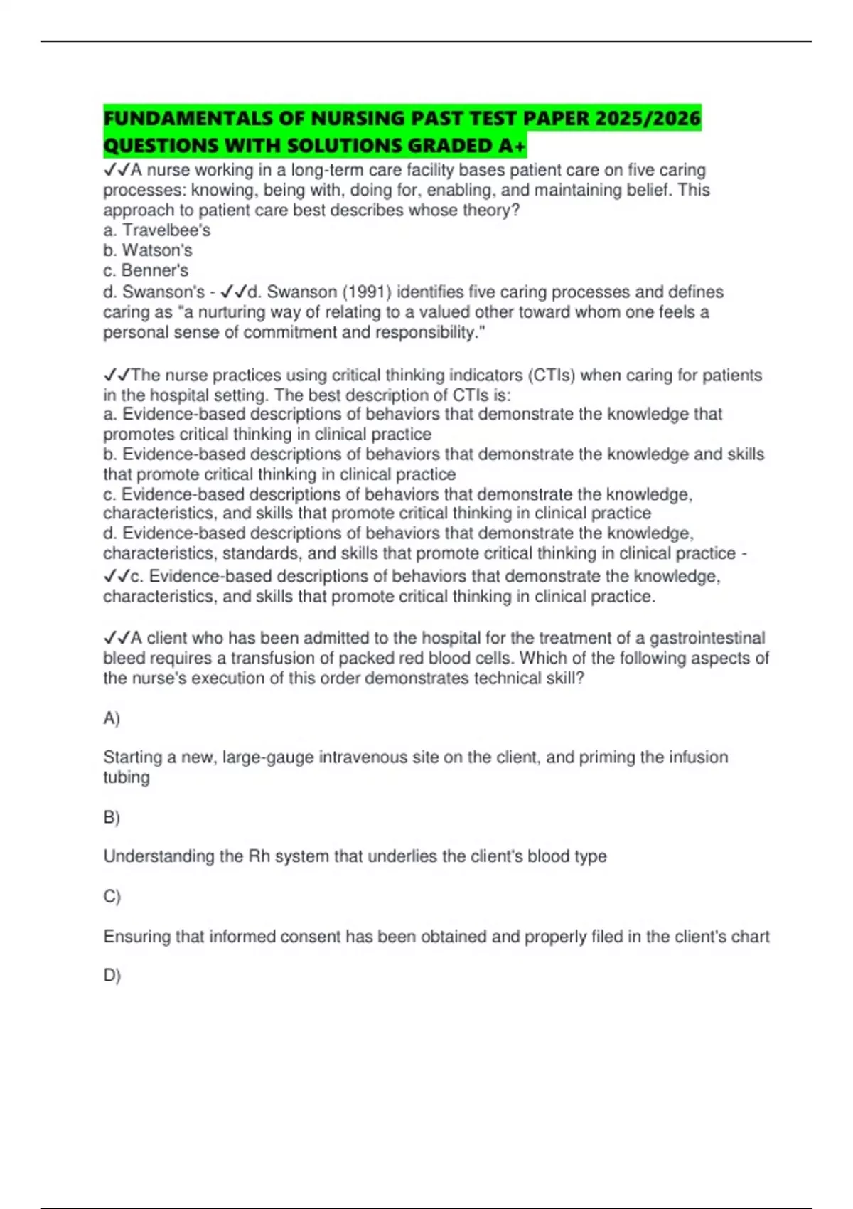 FUNDAMENTALS OF NURSING PAST TEST PAPER 2025/2026 QUESTIONS WITH ...