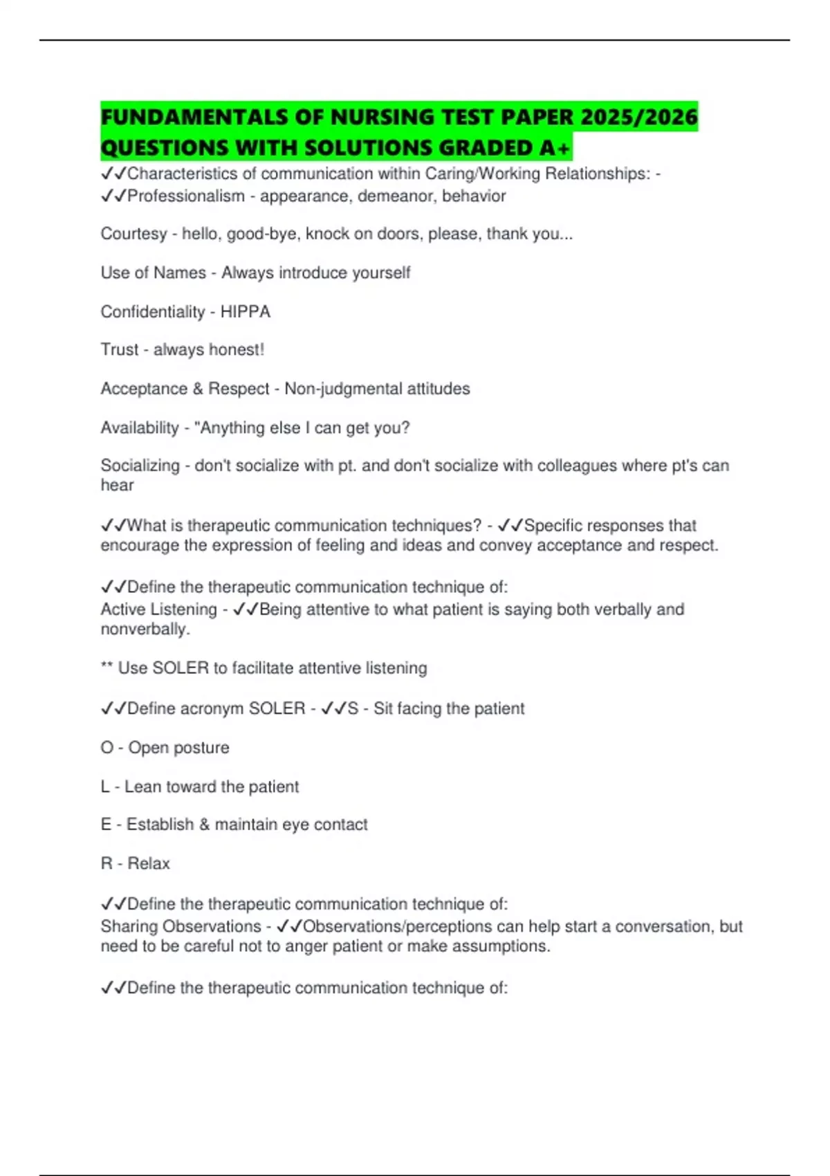 FUNDAMENTALS OF NURSING TEST PAPER 2025/2026 QUESTIONS WITH SOLUTIONS ...