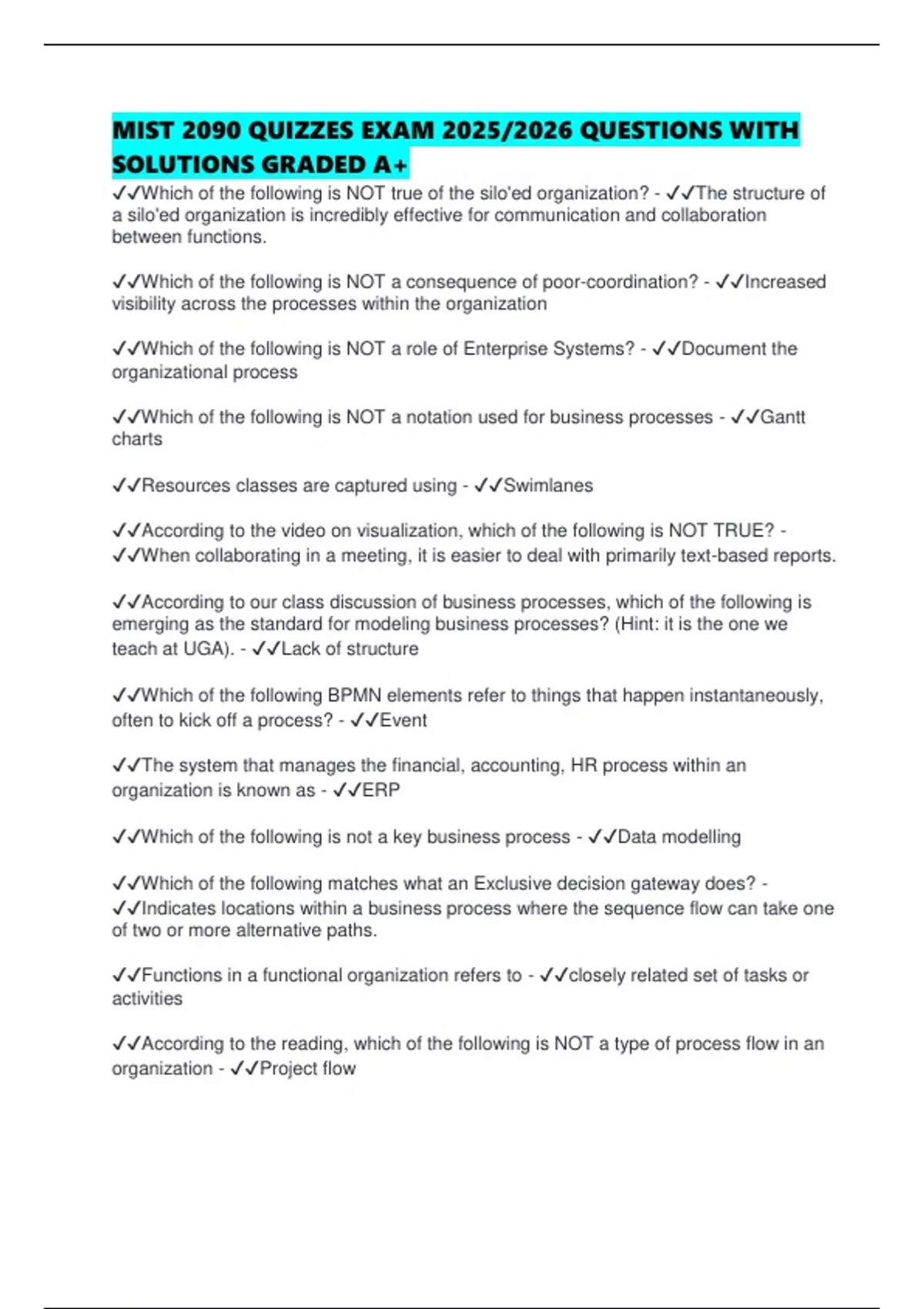MIST 2090 QUIZZES EXAM 2025/2026 QUESTIONS WITH SOLUTIONS GRADED A+ ...
