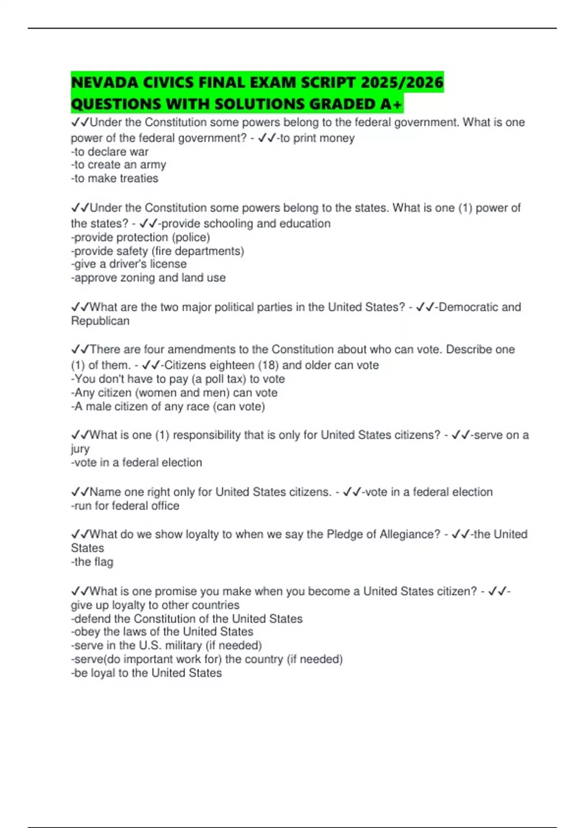 NEVADA CIVICS FINAL EXAM SCRIPT 2025/2026 QUESTIONS WITH SOLUTIONS ...