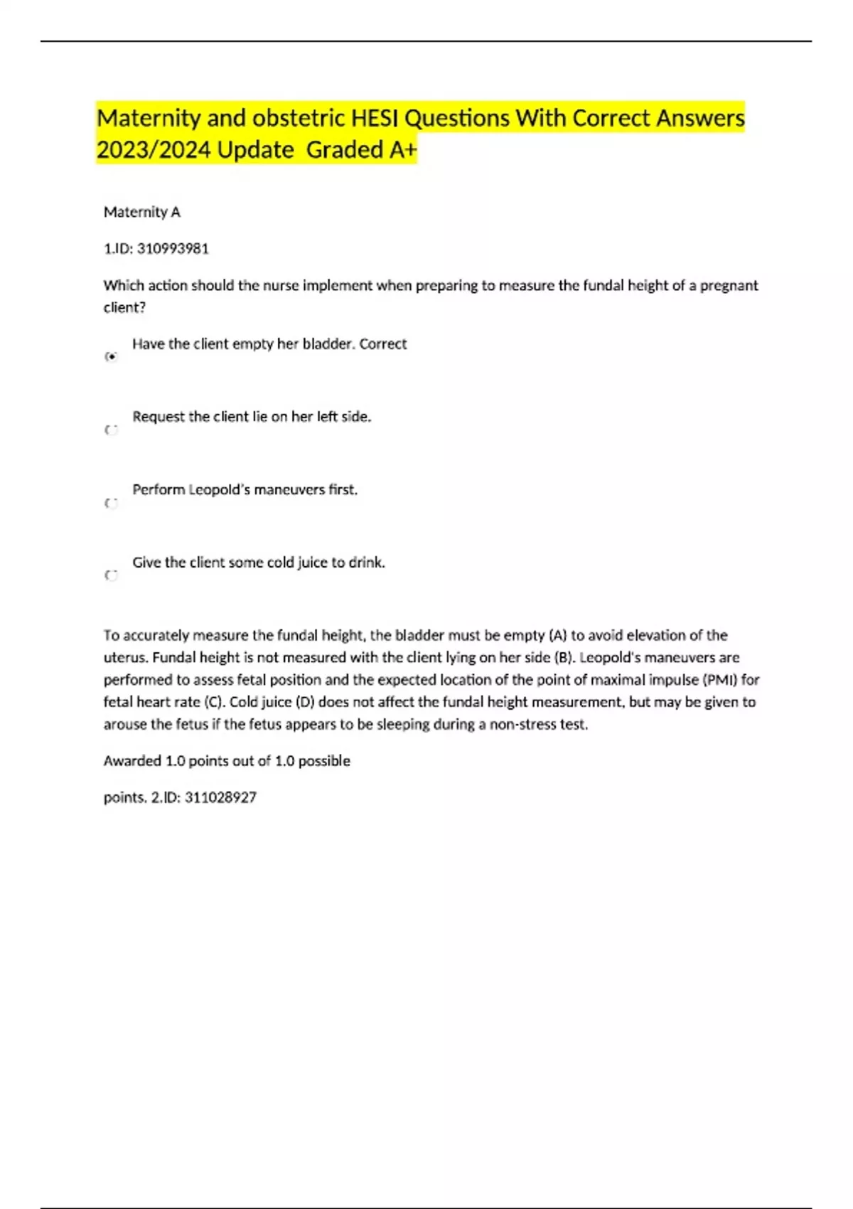 Maternity and obstetric HESI Questions With Correct Answers Latest ...
