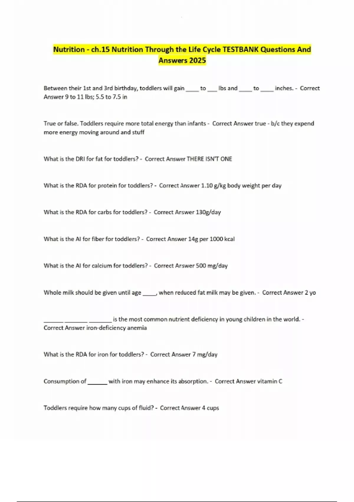 Nutrition - ch.15 Nutrition Through the Life Cycle TESTBANK Questions ...