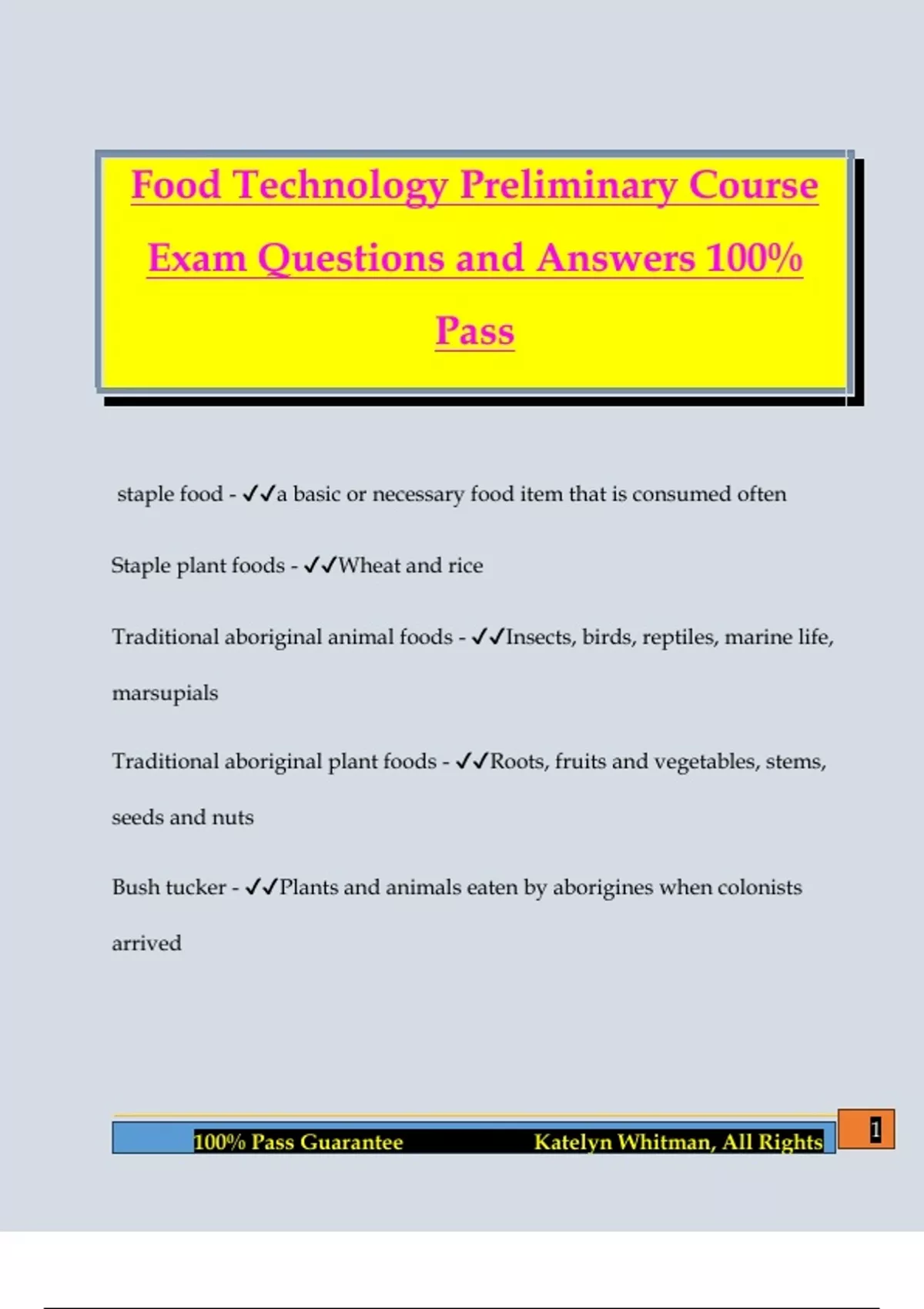 Foodtech Course Quiz Food Technology Preliminary Course Exam Questions and Answers 100% Pass ...