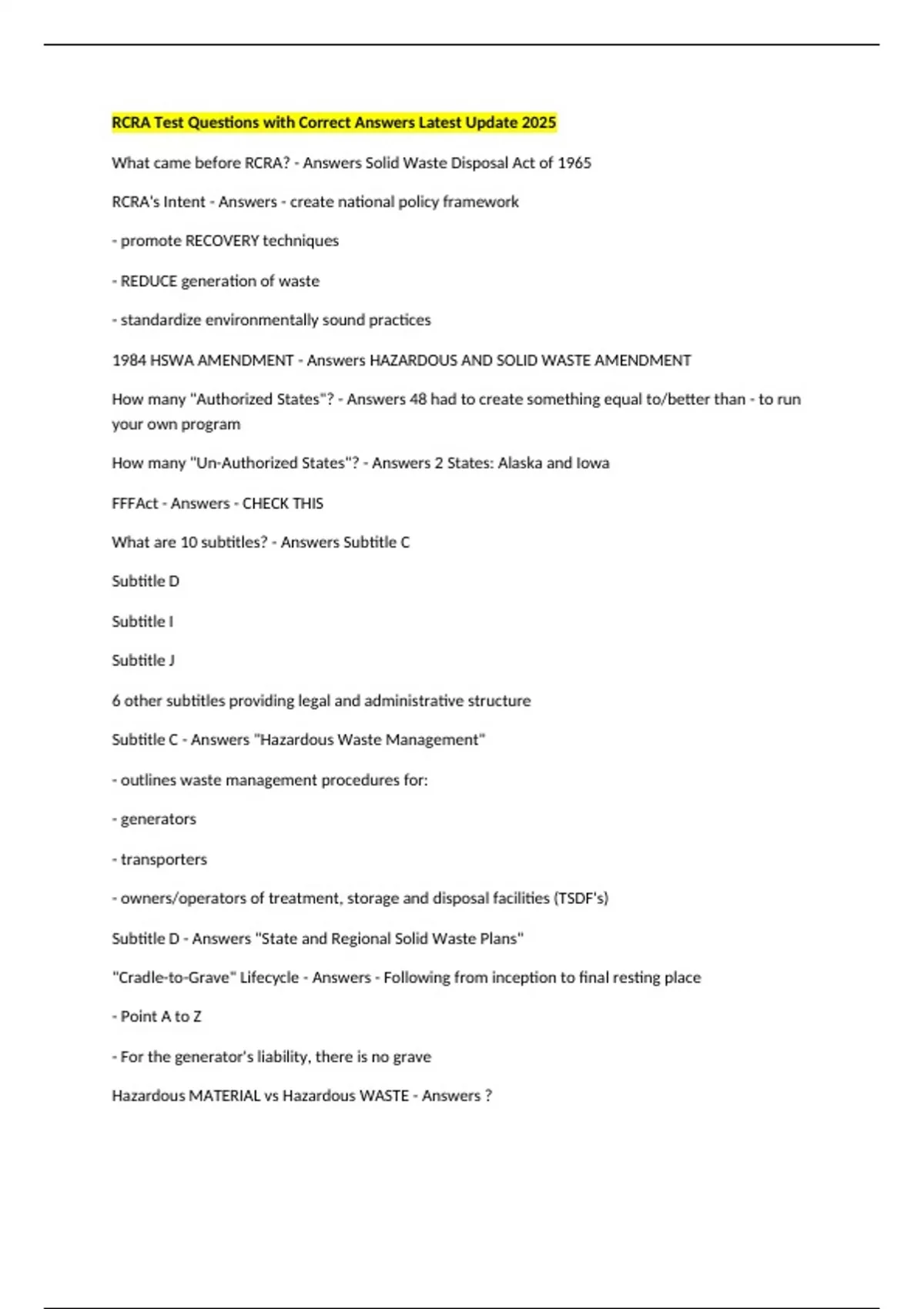 RCRA Test Questions with Correct Answers Latest Update 2025 - RCRA ...
