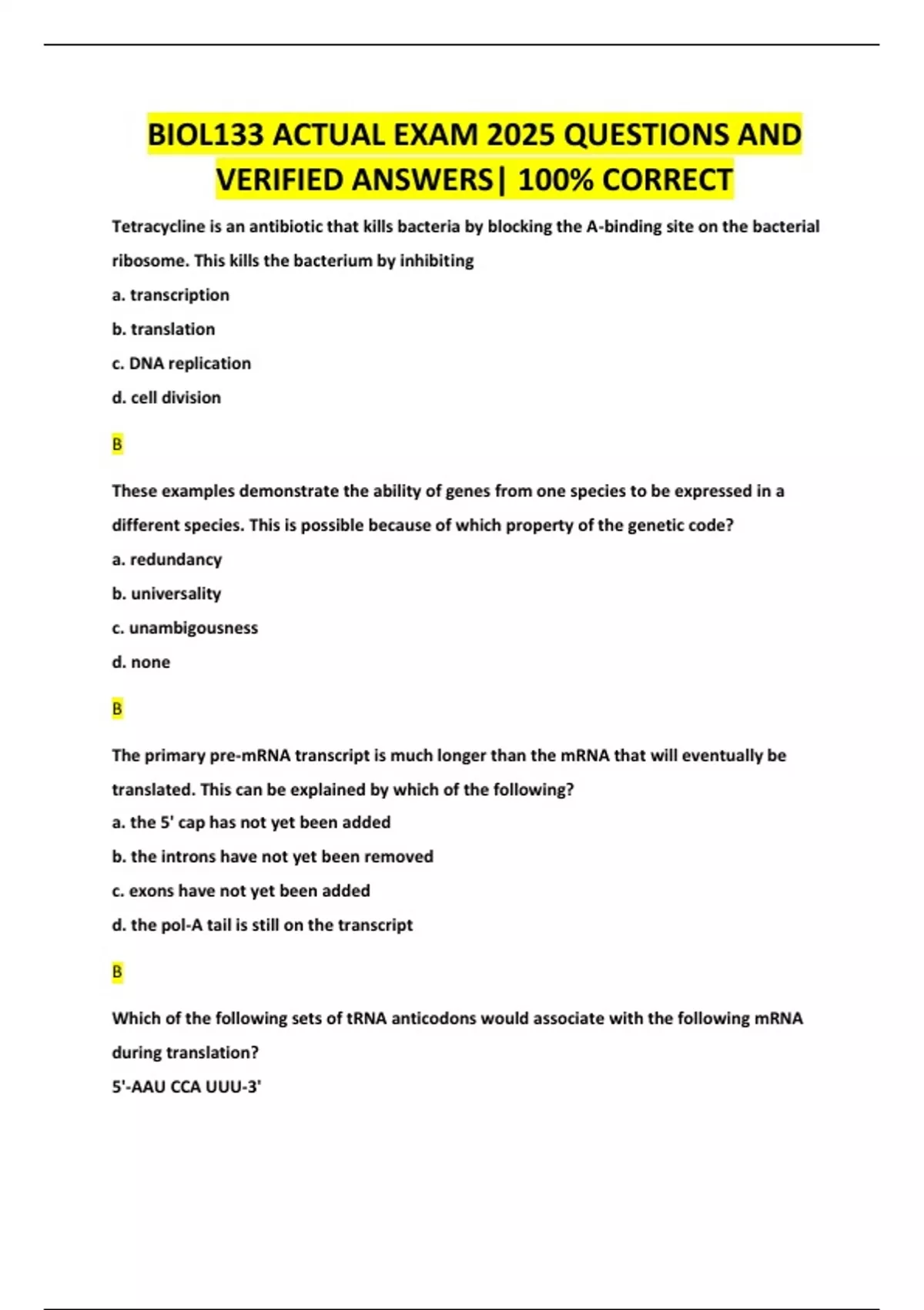 BIOL133 ACTUAL EXAM 2025 QUESTIONS AND VERIFIED ANSWERS| 100% CORRECT ...