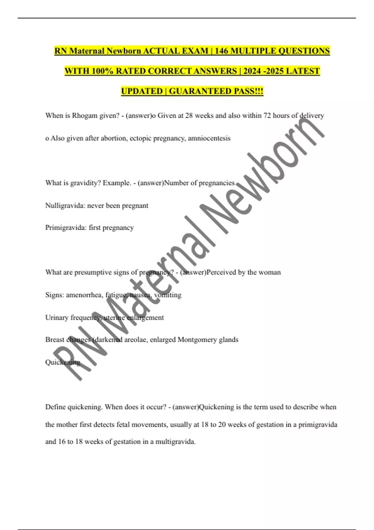 RN Maternal Newborn ACTUAL EXAM | 146 MULTIPLE QUESTIONS WITH 100% ...