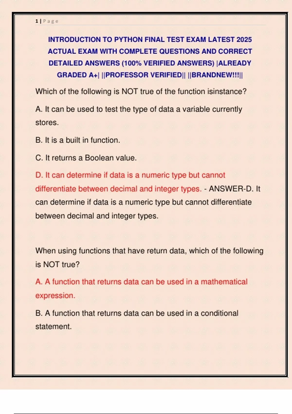 INTRODUCTION TO PYTHON FINAL TEST EXAM LATEST 2025 ACTUAL EXAM WITH ...