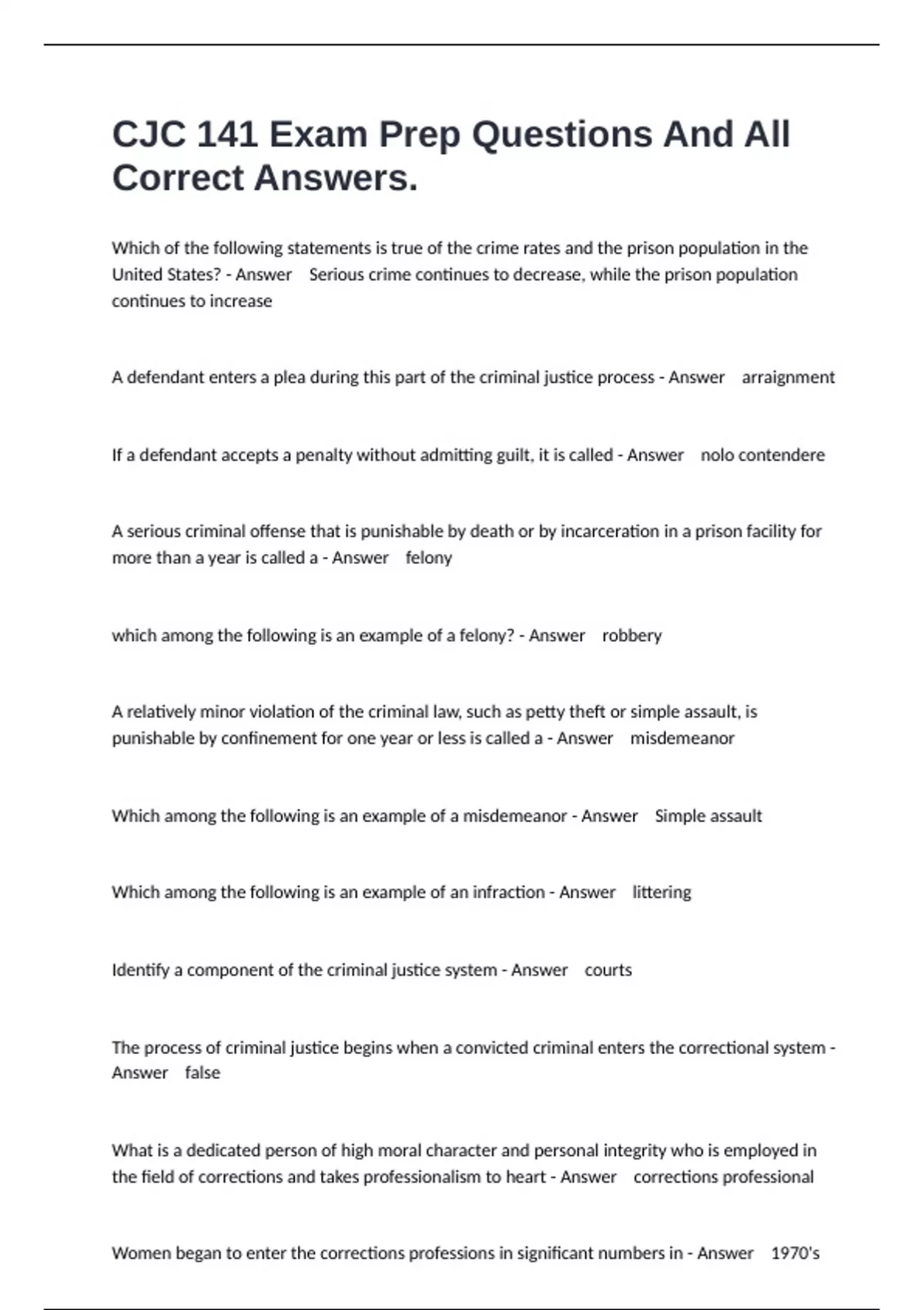 CJC 141 Exam Prep Questions And All Correct Answers. - CJBAT - Stuvia US